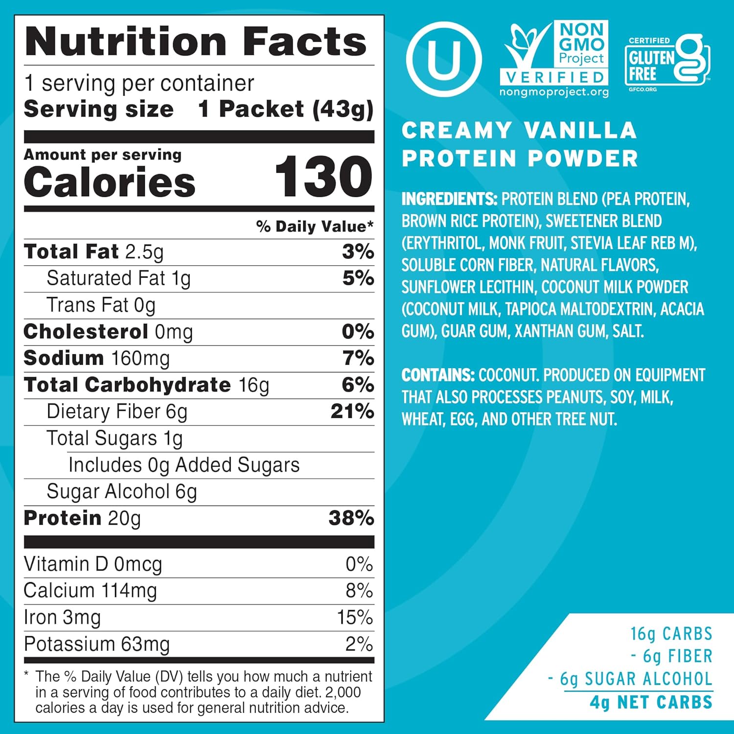 Vanilla No Cow Vegan Protein Powder Single Serve Packets - 20g Plant Based Protein, Dairy/Soy/Gluten Free, Keto Friendly - 10 Count