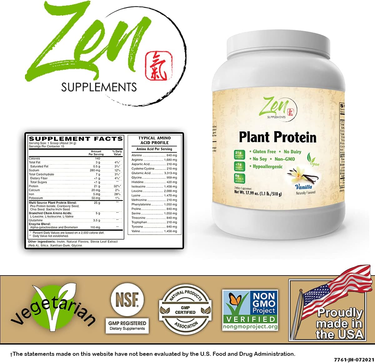 Vanilla Plant Protein Powder - 1.1LB, 25g Protein - Vegan, Low Carb, Dairy & Gluten Free, Kosher, Non-GMO