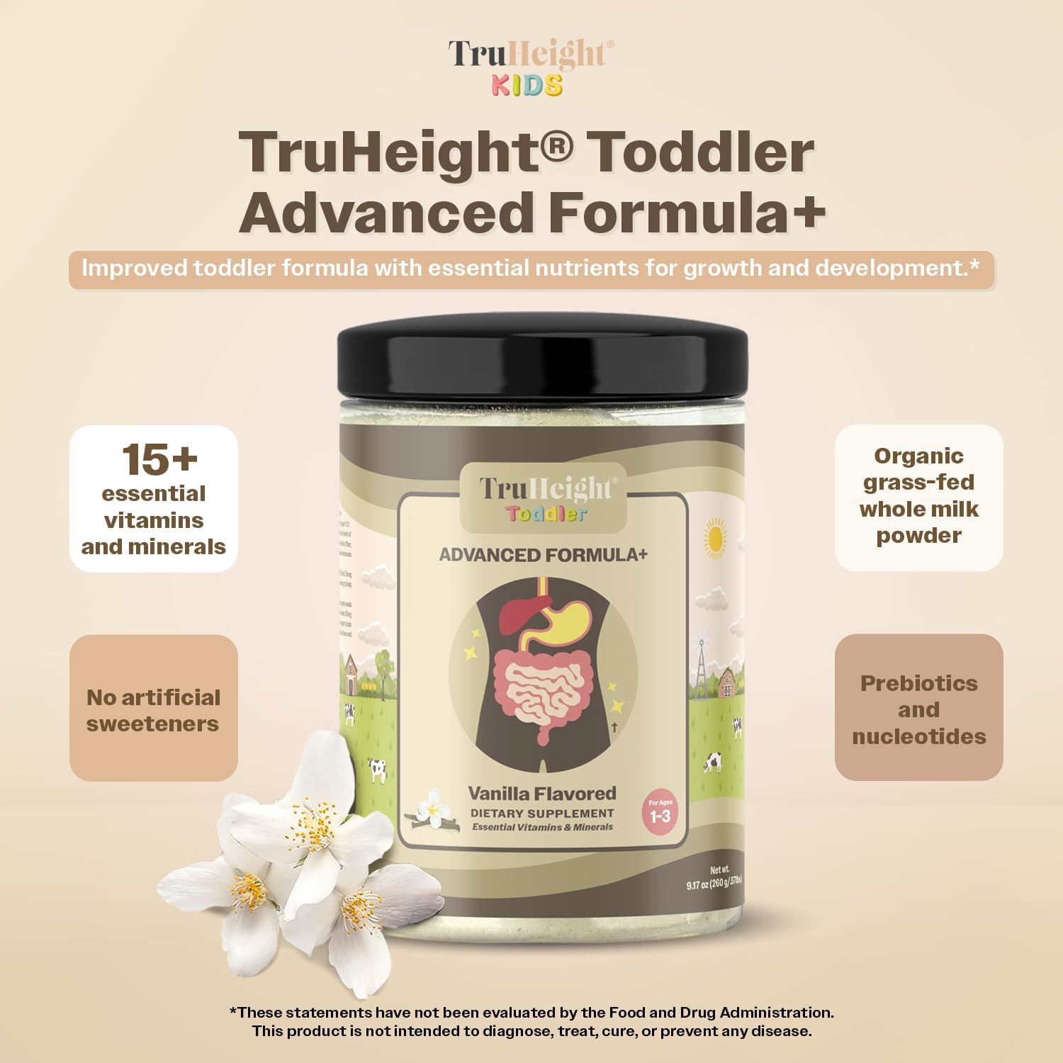 Vanilla TruHeight Toddler Advanced Formula with 16 Essential Vitamins for 1-3 Years Old, Milk-Based Nutritional Drink for Complete Toddler Nutrition - Non-GMO