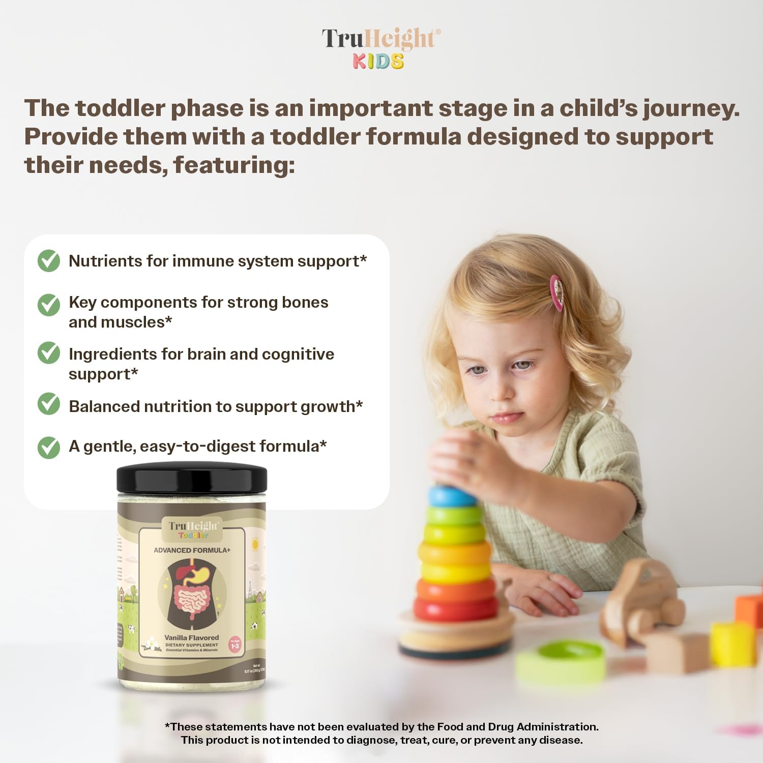 Vanilla TruHeight Toddler Advanced Formula with 16 Essential Vitamins for 1-3 Years Old, Milk-Based Nutritional Drink for Complete Toddler Nutrition - Non-GMO