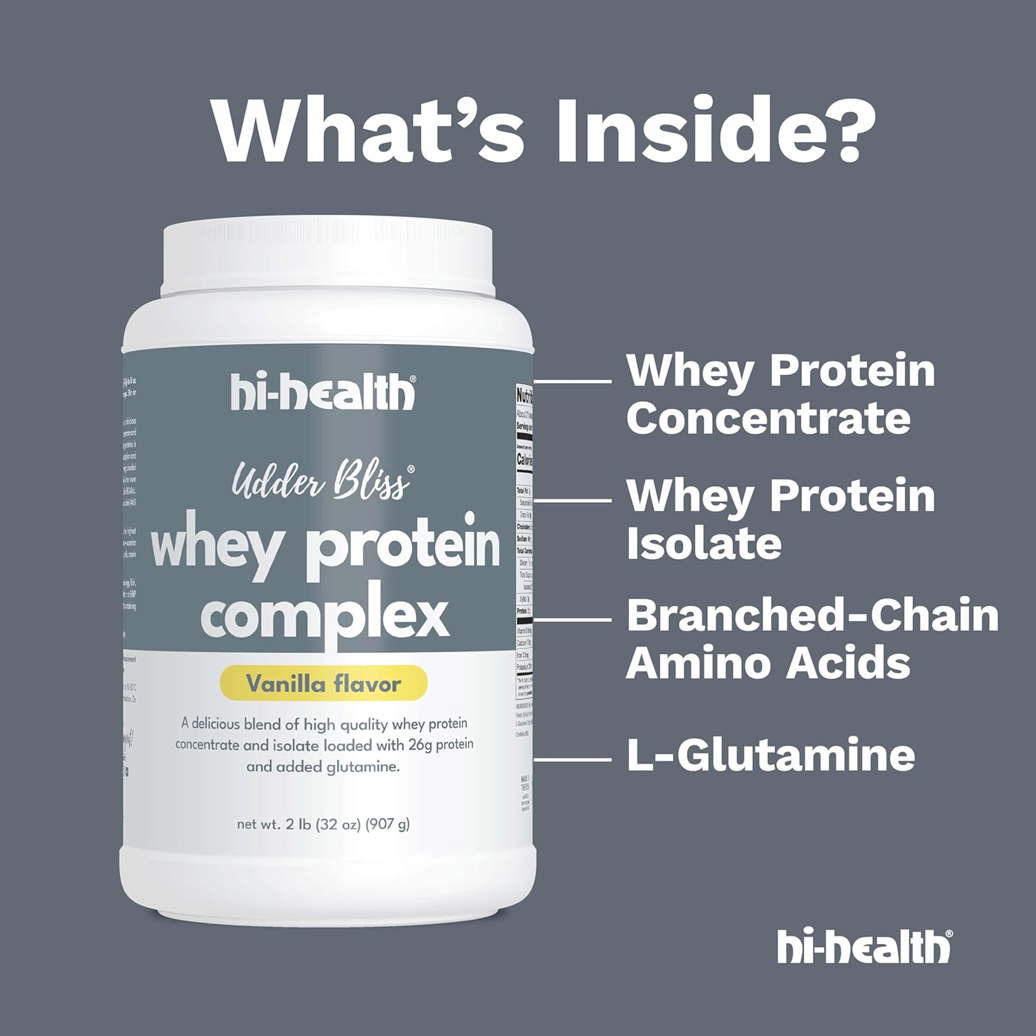 Vanilla Whey Protein Complex Powder with Glutamine - Hi-Health Udder Bliss (2lb)