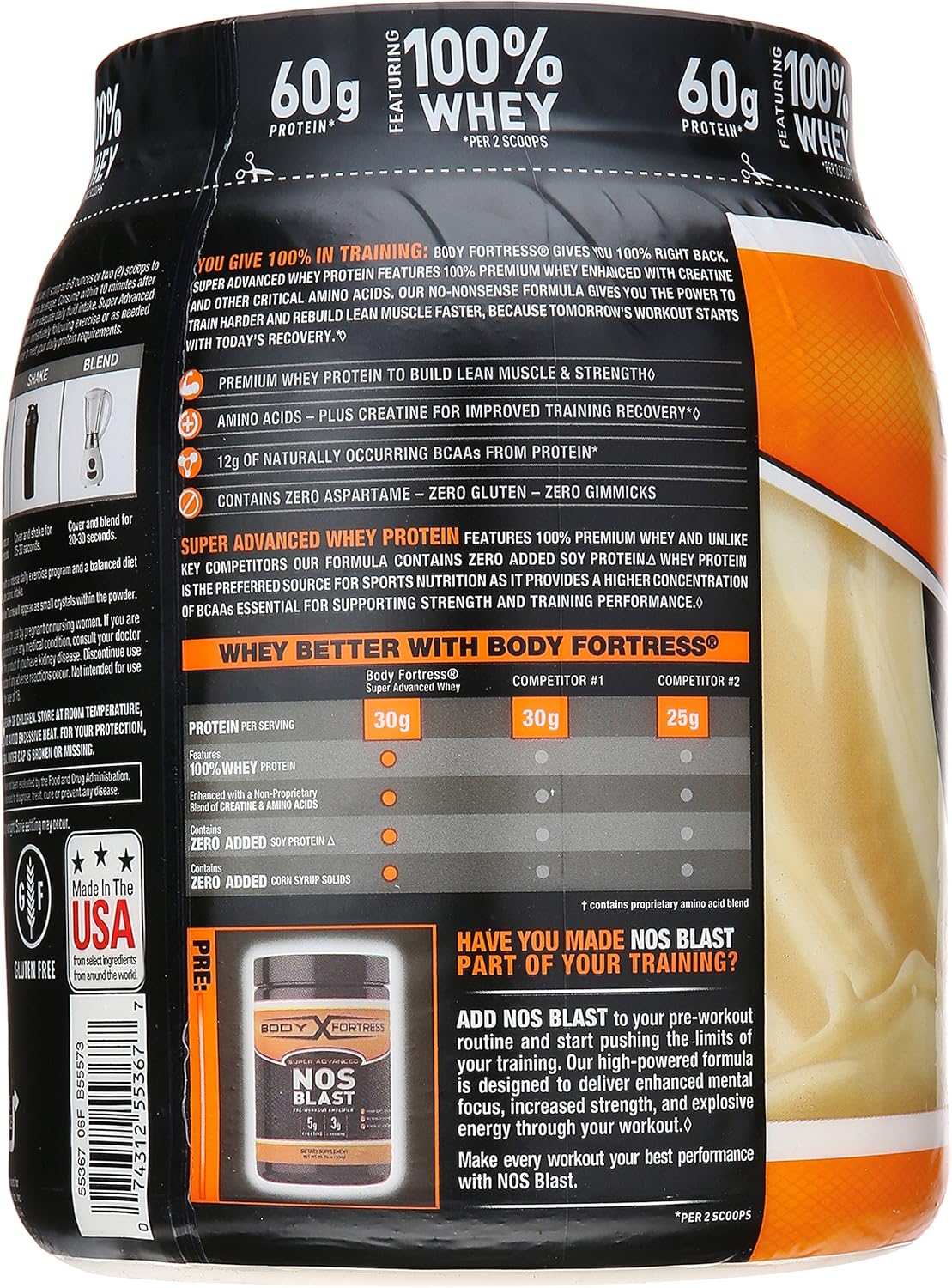 Vanilla Whey Protein Powder with Creatine and Glutamine - 32 Ounce Gluten Free Formula by Body Fortress