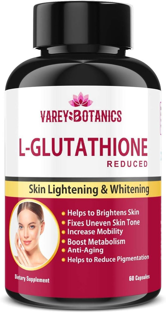 VAREY BOTANIK L-Glutathione Skin Whitening Capsules with Vitamin C & E, Biotin, Grape Seed Extract - 1000mg - 60 Capsules for Men and Women