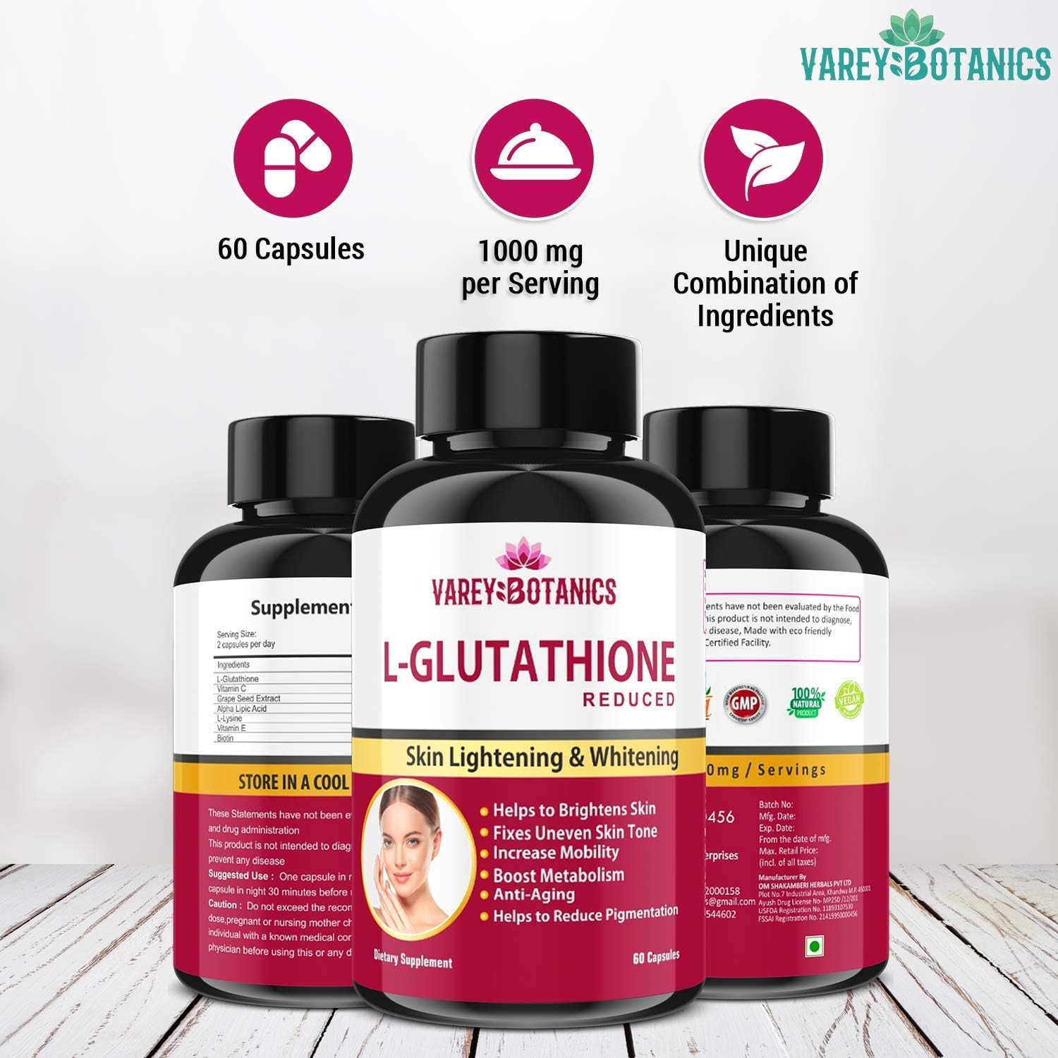 VAREY BOTANIK L-Glutathione Skin Whitening Capsules with Vitamin C & E, Biotin, Grape Seed Extract - 1000mg - 60 Capsules for Men and Women