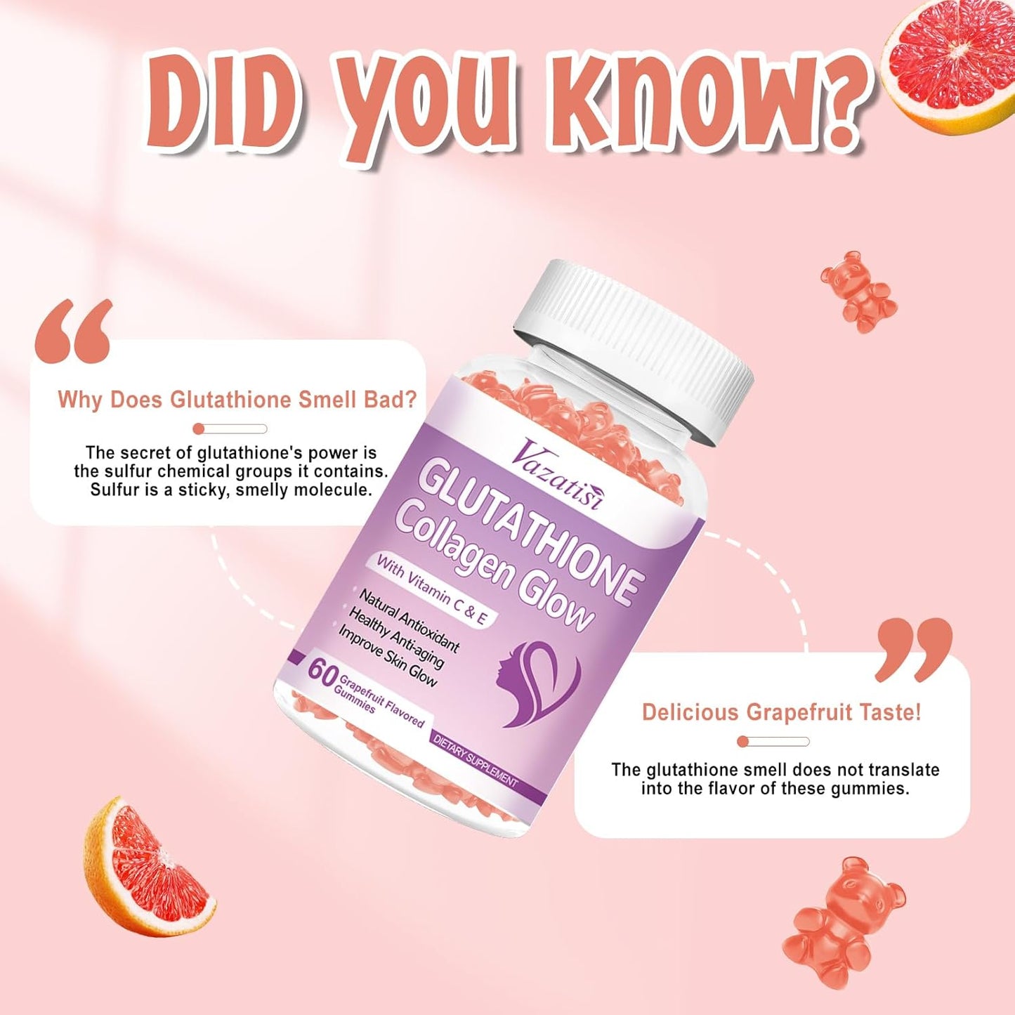 Vazatisi Glutathione Collagen Gummies with Vitamin C & E for Women, Skin Care & Anti-Aging, Grapefruit Flavor - 120 Count