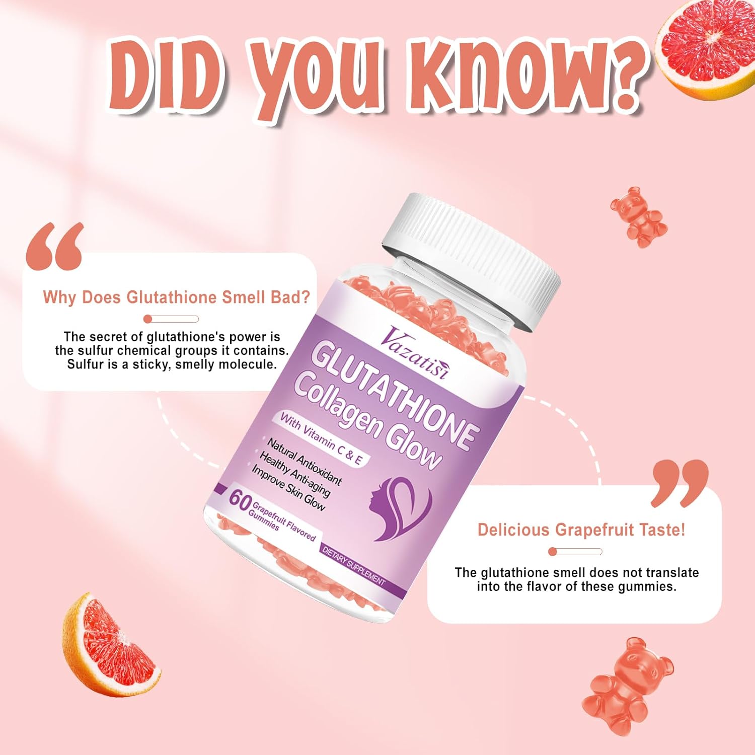 Vazatisi Glutathione Collagen Gummies with Vitamin C & E for Women, Skin Care & Anti-Aging, Grapefruit Flavor - 120 Count
