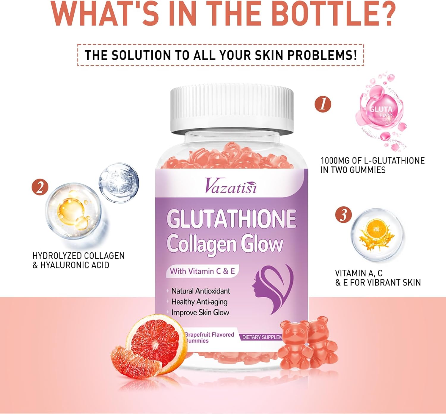 Vazatisi Glutathione Collagen Gummies with Vitamin C & E for Women, Skin Care & Anti-Aging, Grapefruit Flavor - 120 Count