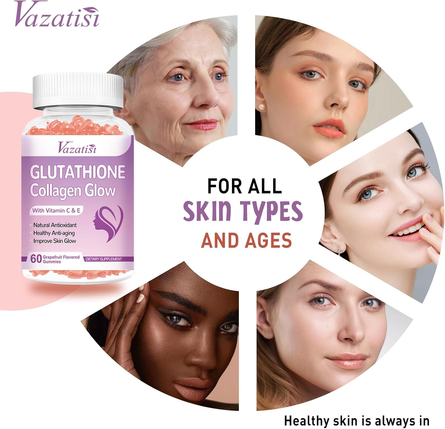 Vazatisi Glutathione Collagen Gummies with Vitamin C & E for Women, Skin Care & Anti-Aging, Grapefruit Flavor - 120 Count