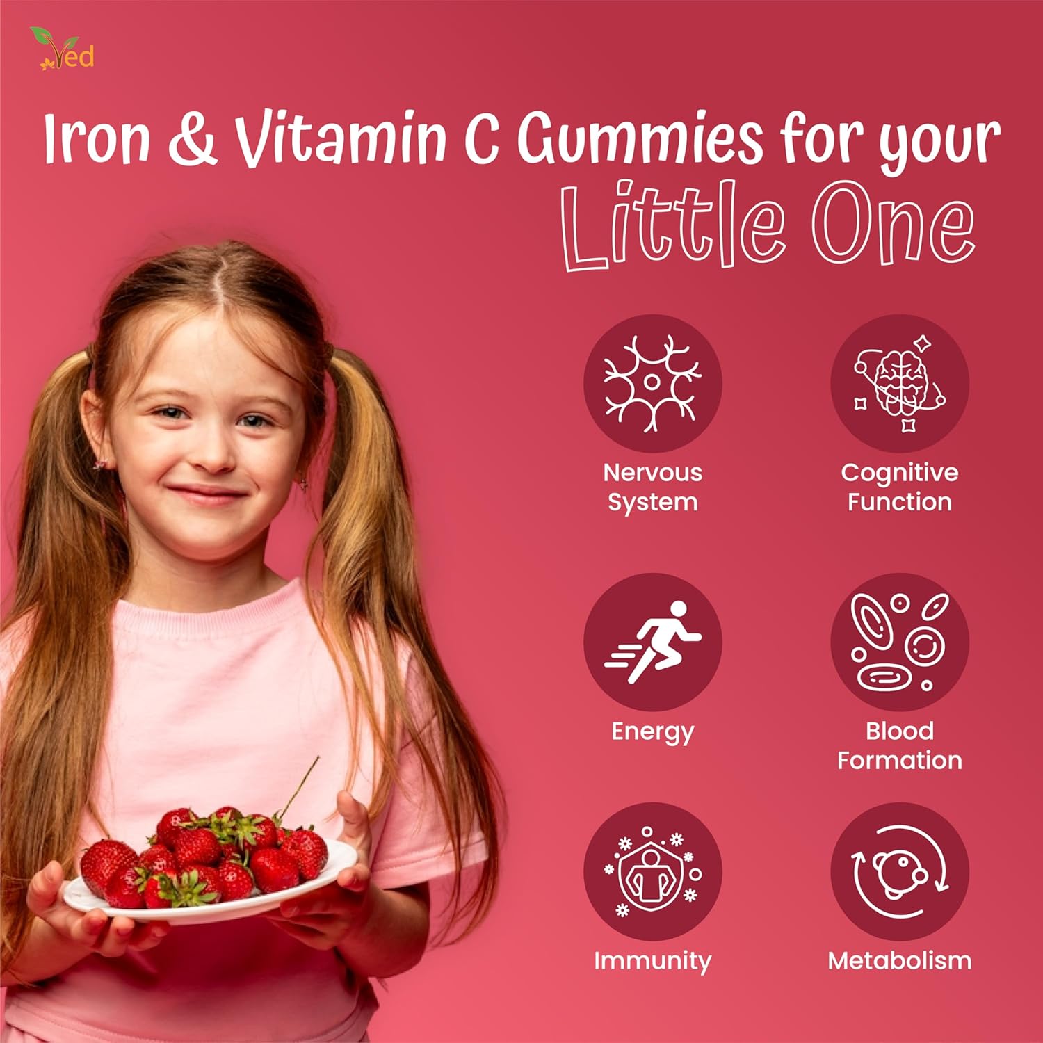 Ved Kids Iron Gummies: Vegan Iron Supplement for Energy & Immune System - 30 Chewable Vitamins (15 Days)
