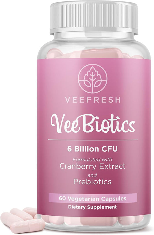 VeeFresh VeeBiotics Women's Probiotics with Cranberry Extract - 60 Capsules for Vaginal Health & pH Balance, Probiotics with Prebiotics for Overall Wellness