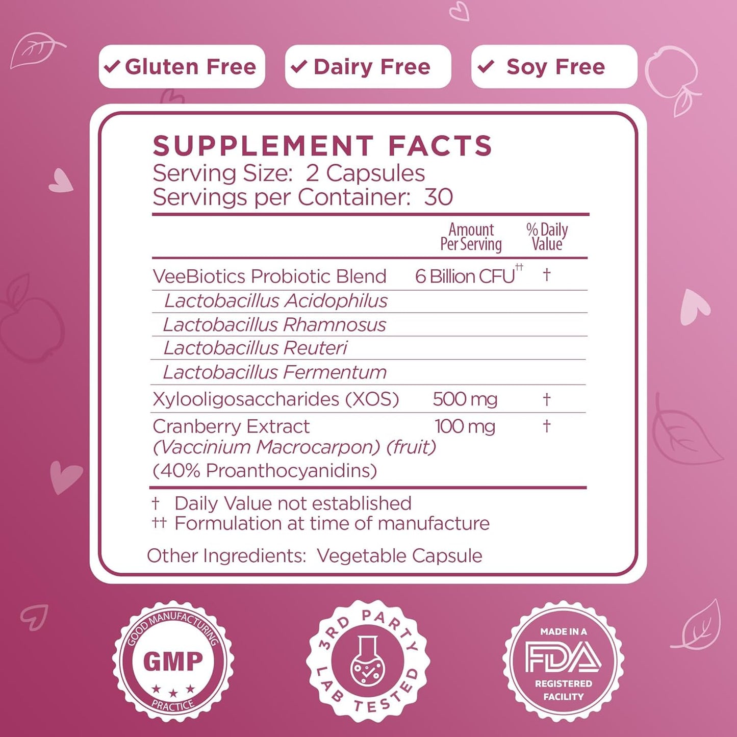 VeeFresh VeeBiotics Women's Probiotics with Cranberry Extract - 60 Capsules for Vaginal Health & pH Balance, Probiotics with Prebiotics for Overall Wellness