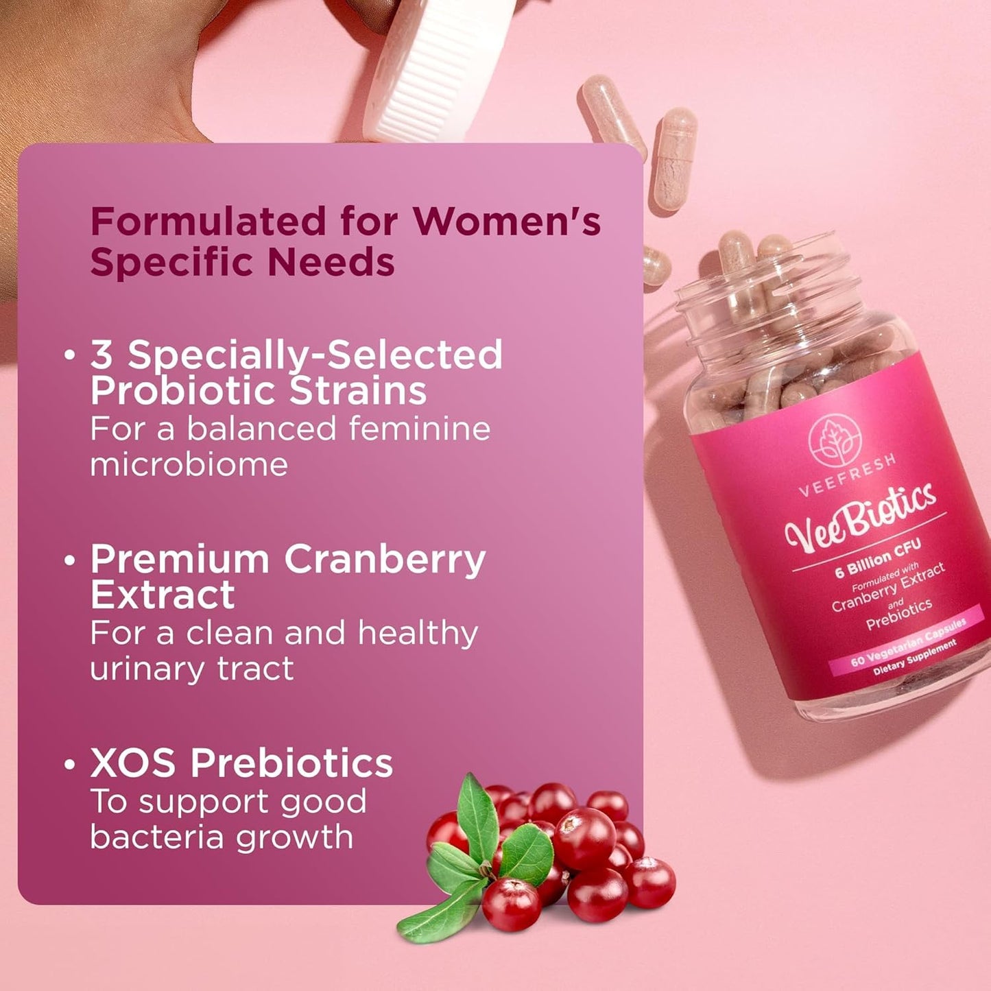 VeeFresh VeeBiotics Women's Probiotics with Cranberry Extract - 60 Capsules for Vaginal Health & pH Balance, Probiotics with Prebiotics for Overall Wellness