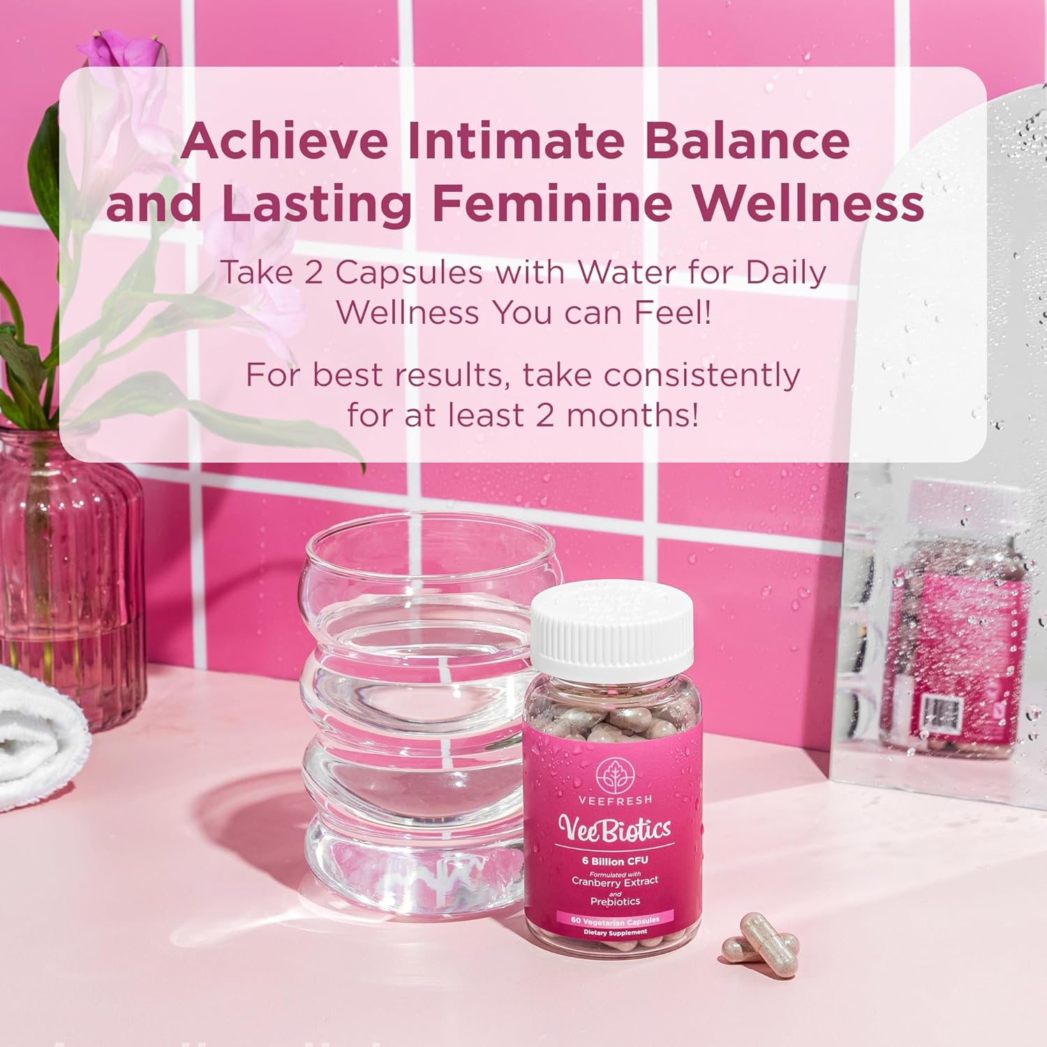 VeeFresh VeeBiotics Women's Probiotics with Cranberry Extract - 60 Capsules for Vaginal Health & pH Balance, Probiotics with Prebiotics for Overall Wellness