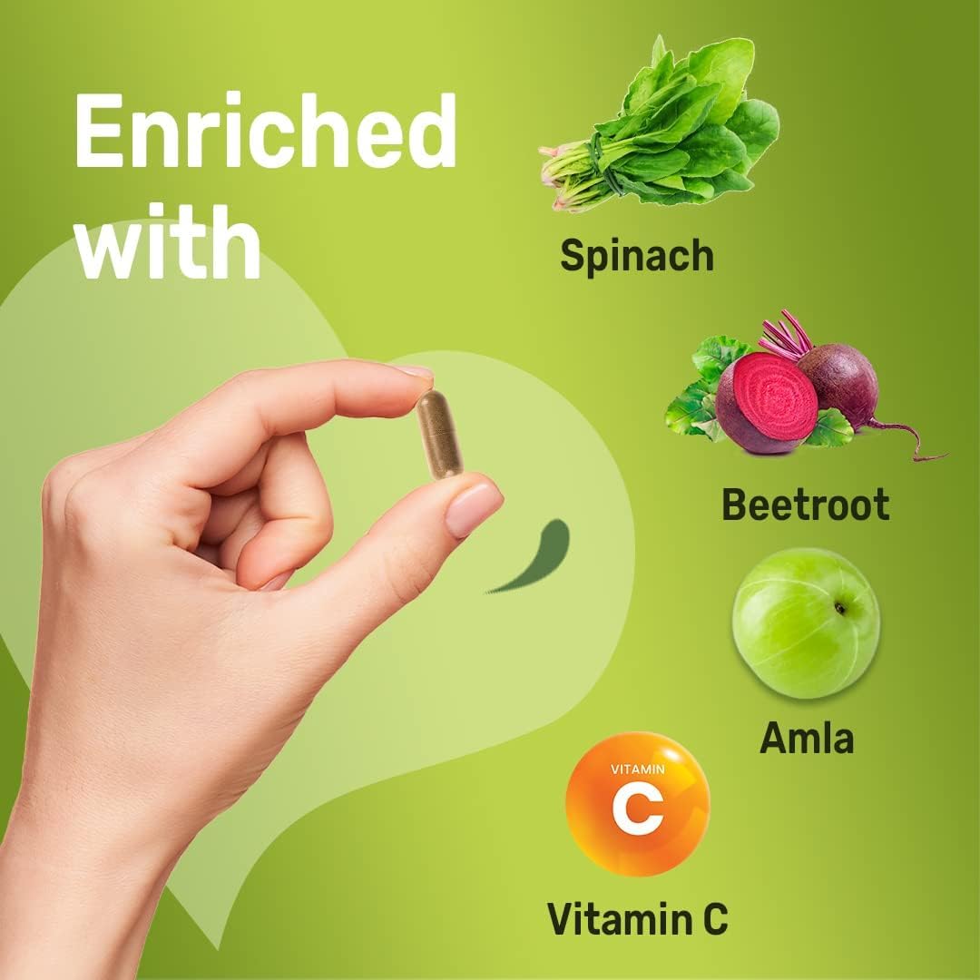 Veg Iron Supplement with Vitamin C, Folic Acid & B12 for Haemoglobin, Energy & Immunity - 60 Tablets