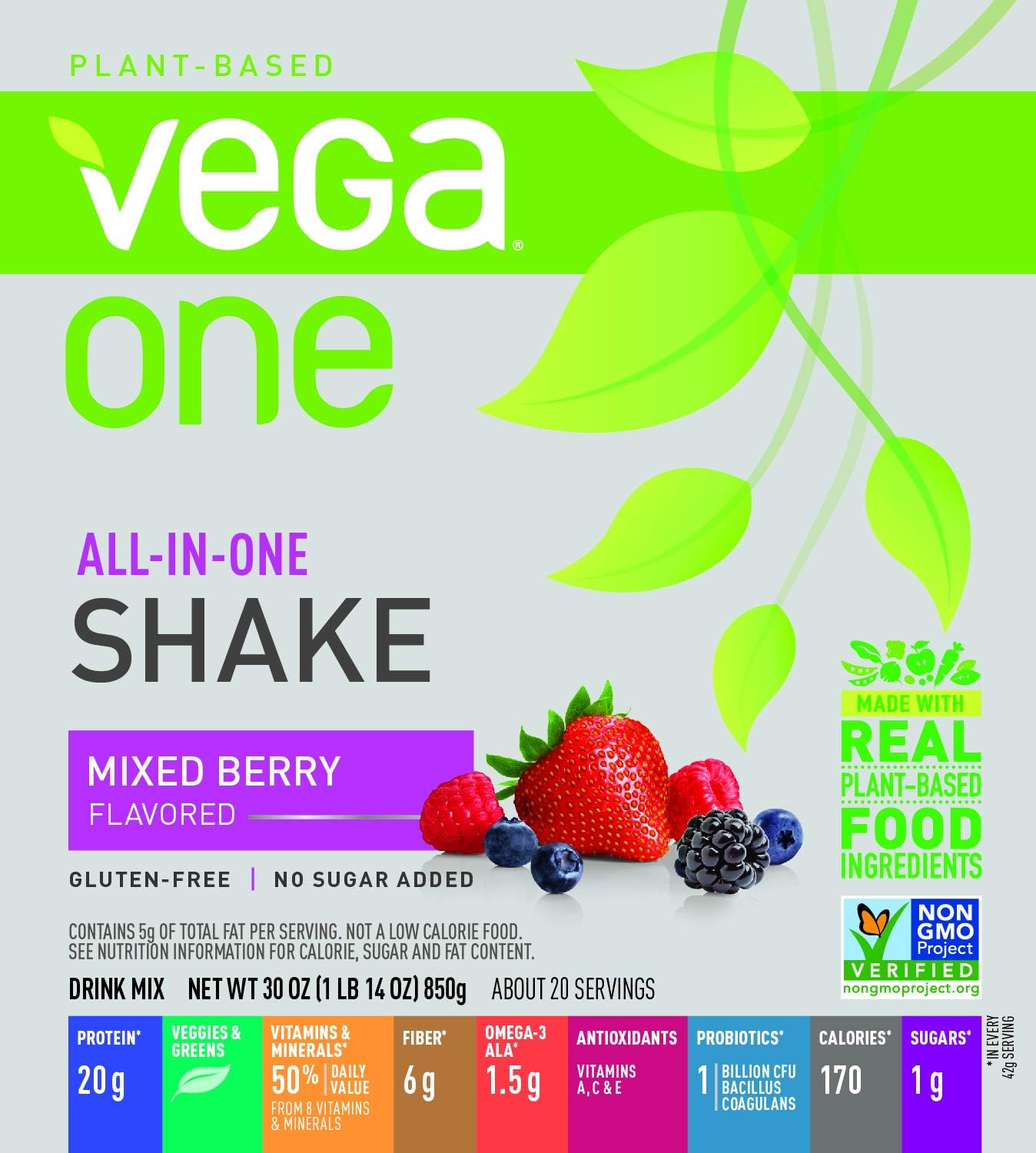 Vega One Berry Nutritional Shake - Plant Based Vegan Protein Powder, Gluten Free, Non GMO (30 oz) - 20 Servings