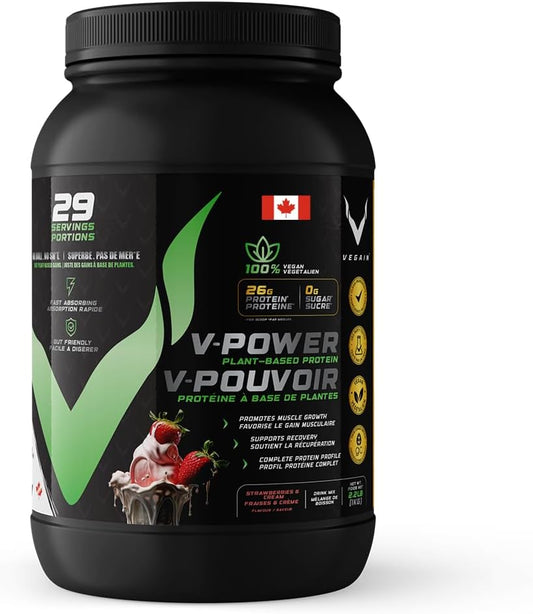 VEGAIN V-Power Plant-Based Protein Powder | 26g Protein, 10.8g BCAAs & EAAs, Zero Fat & Sugars, Dairy & Soy-Free - All Natural - 1kg Strawberries & Cream