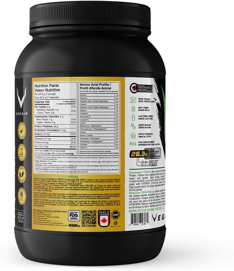 VEGAIN V-Power Plant-Based Protein Powder | 26g Protein, 10.8g BCAAs & EAAs, Zero Fat & Sugars, Dairy & Soy-Free - All Natural - 1kg Strawberries & Cream