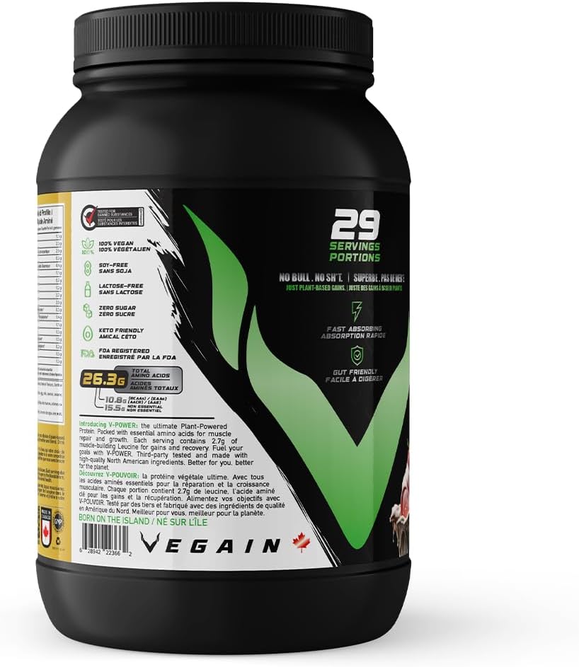 VEGAIN V-Power Plant-Based Protein Powder | 26g Protein, 10.8g BCAAs & EAAs, Zero Fat & Sugars, Dairy & Soy-Free - All Natural - 1kg Strawberries & Cream