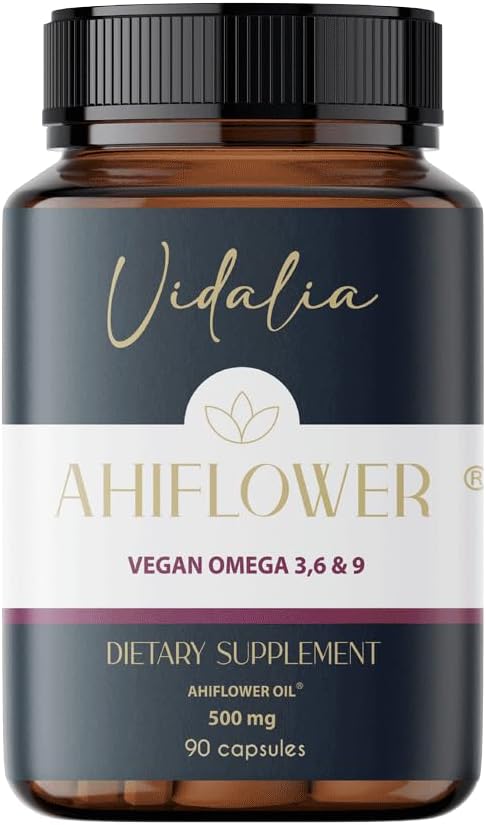 Vegan Ahiflower Oil Capsules by Vidalia - 90 Count, Omega 3, 6 & 9 Supplement from Sustainable Source - Vegan Friendly - NO Fish