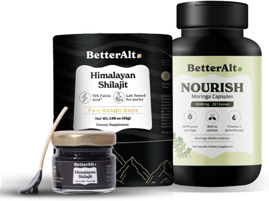 Vegan Alt Moringa Capsules 120 Count & Shilajit Resin 30g Combo | Mineral-Rich Antioxidants | Lab Tested & Vegan Friendly