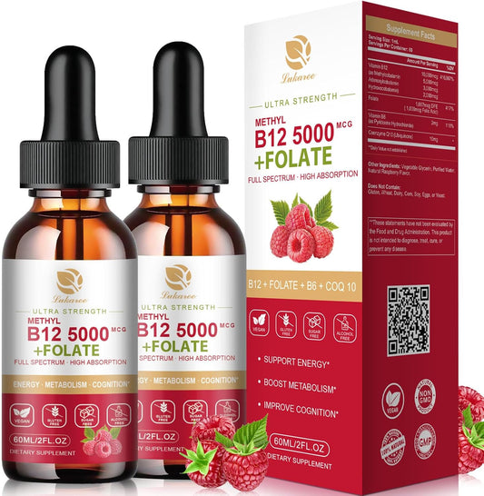 Vegan B12 Sublingual Drops (2 Pack) for Energy, Focus, Mood & Immune Support - Full Spectrum Liquid Vitamins with Methylcobalamin, Adenosyl & Hydroxy B12