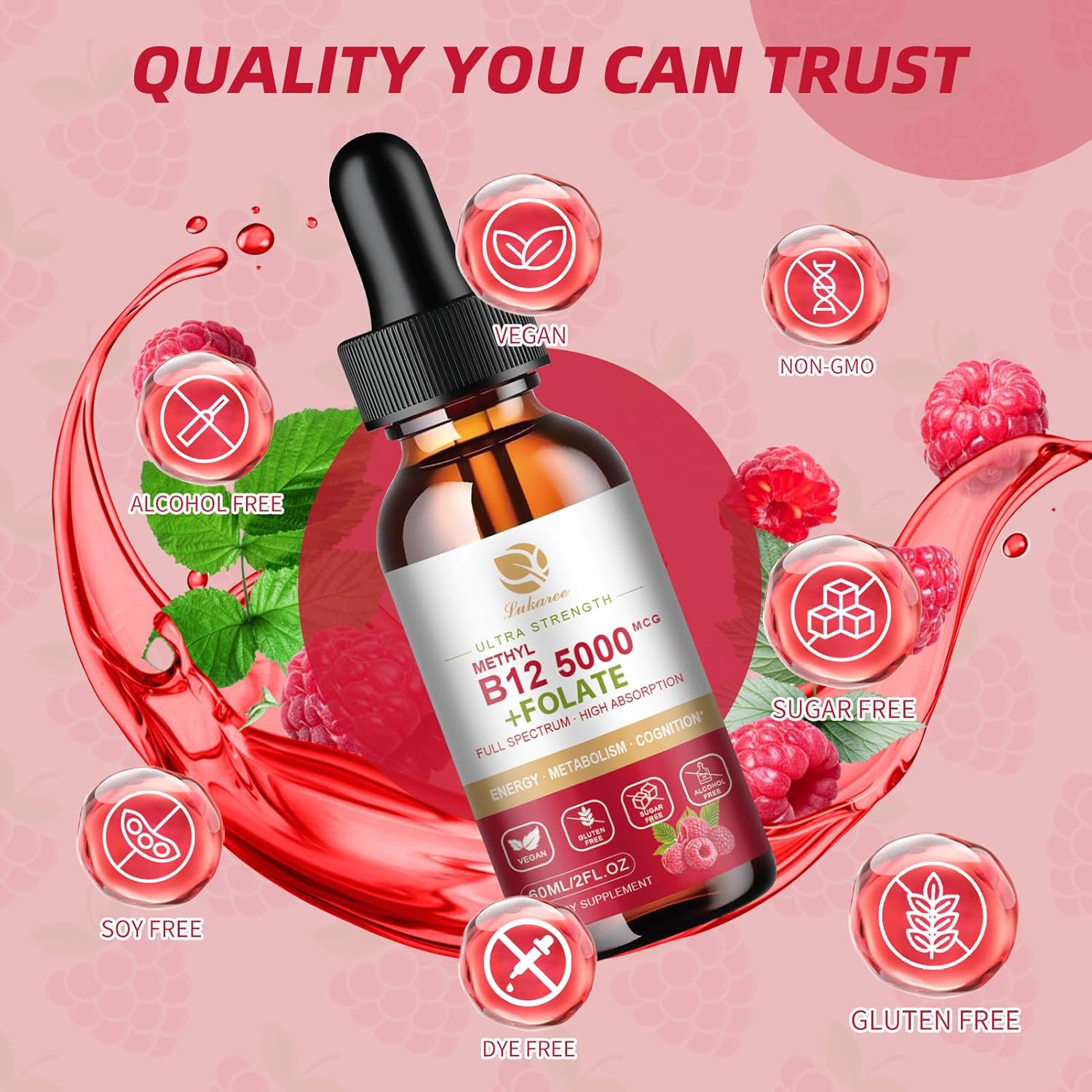 Vegan B12 Sublingual Drops (2 Pack) for Energy, Focus, Mood & Immune Support - Full Spectrum Liquid Vitamins with Methylcobalamin, Adenosyl & Hydroxy B12