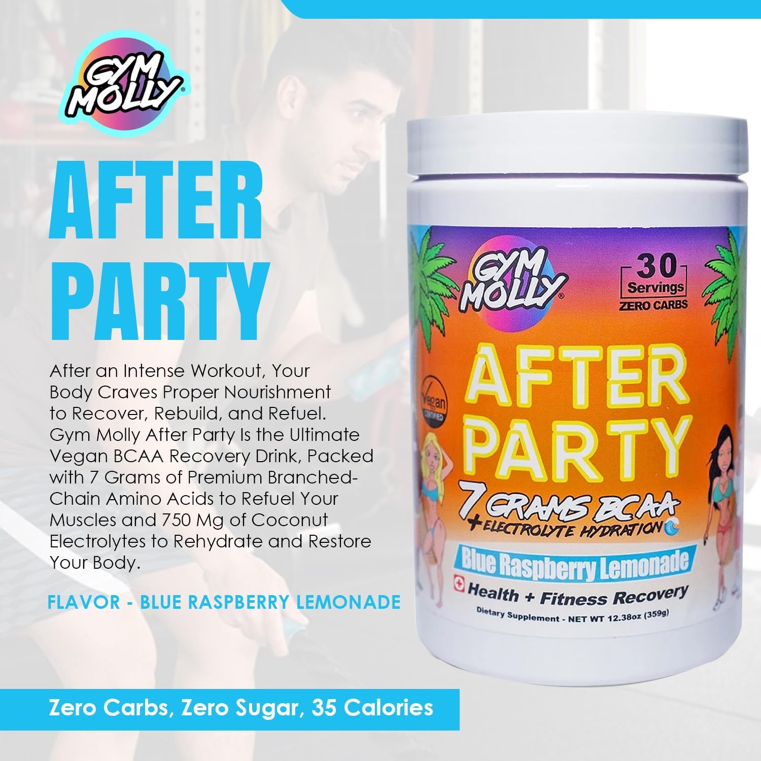 Vegan BCAA Powder for Workout Recovery - Electrolyte and Amino Acids Drink, Zero Carbs, Zero Sugar, 35 Calories (Blue Raspberry)