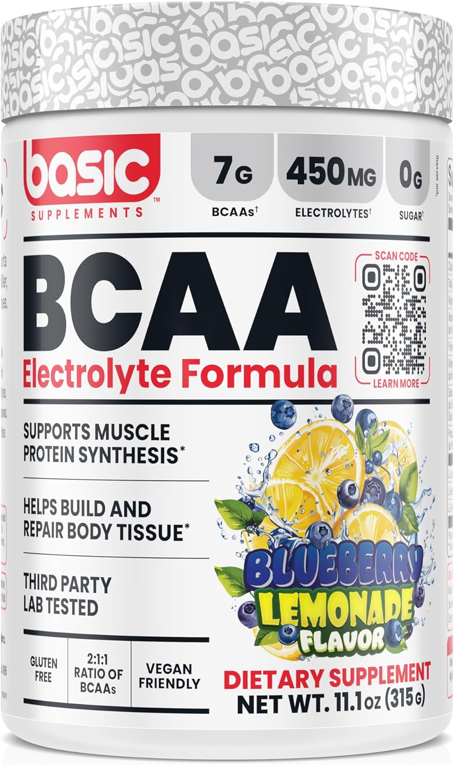 Vegan BCAA Powder with 7g BCAAs, Electrolytes, Sugar-Free, Supports Muscle Recovery - Blueberry Lemonade Flavor, 30 Servings