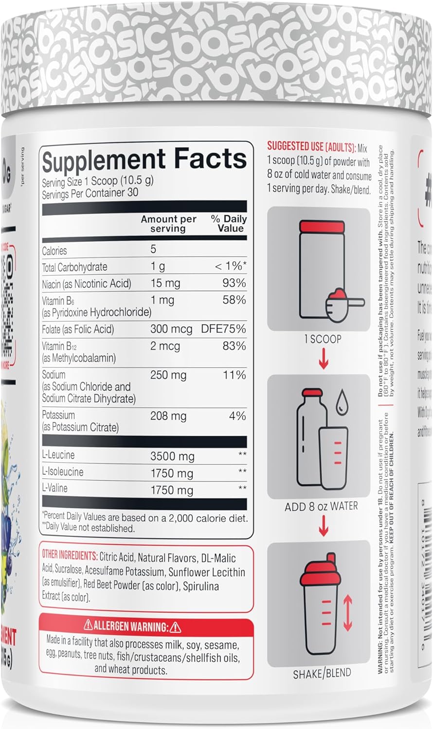 Vegan BCAA Powder with 7g BCAAs, Electrolytes, Sugar-Free, Supports Muscle Recovery - Blueberry Lemonade Flavor, 30 Servings