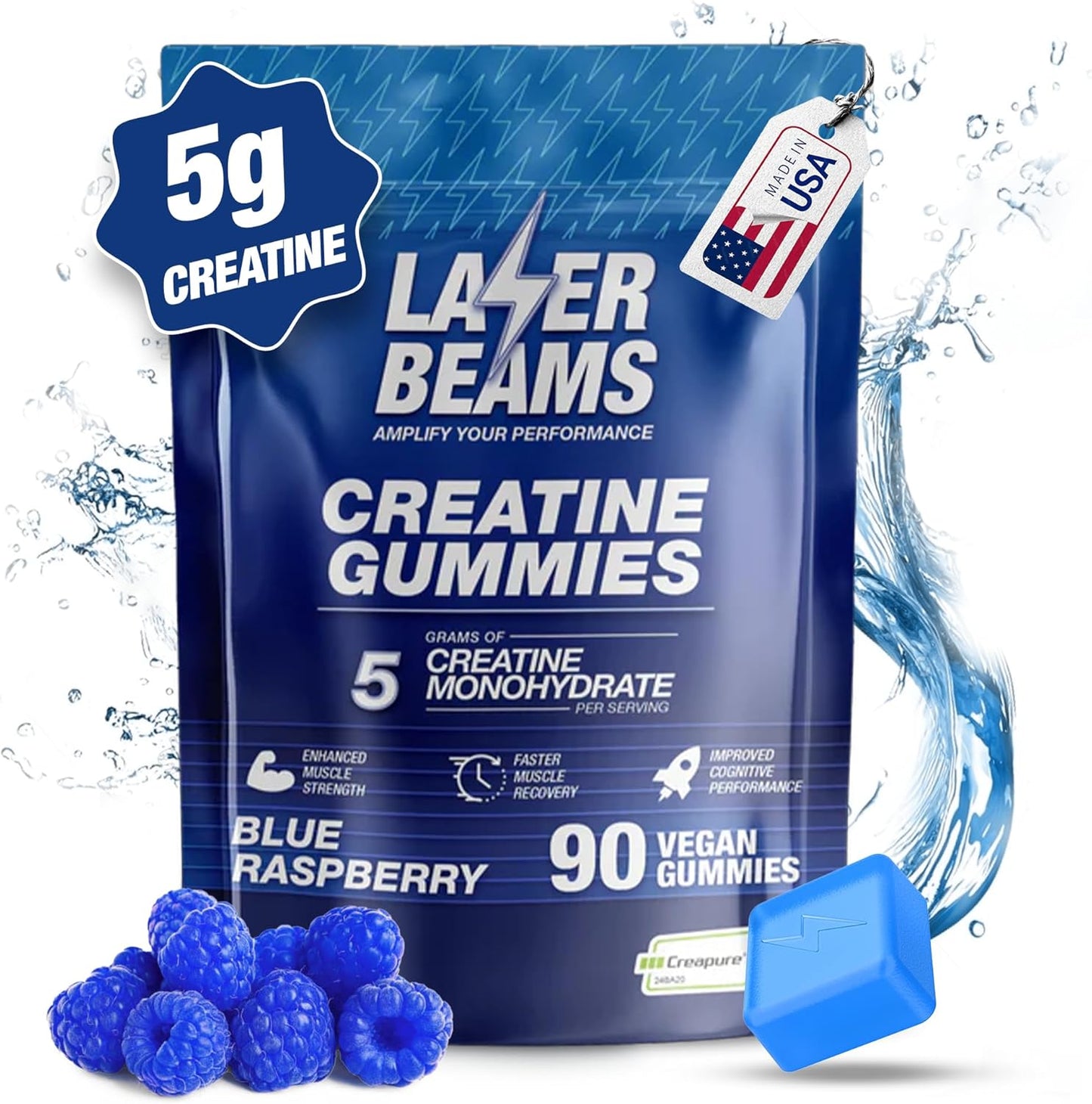 Vegan Blue Raspberry Laser Beams Creatine Gummies - 5g Creapure Creatine - Muscle Strength & Mental Focus - 90 Gummies