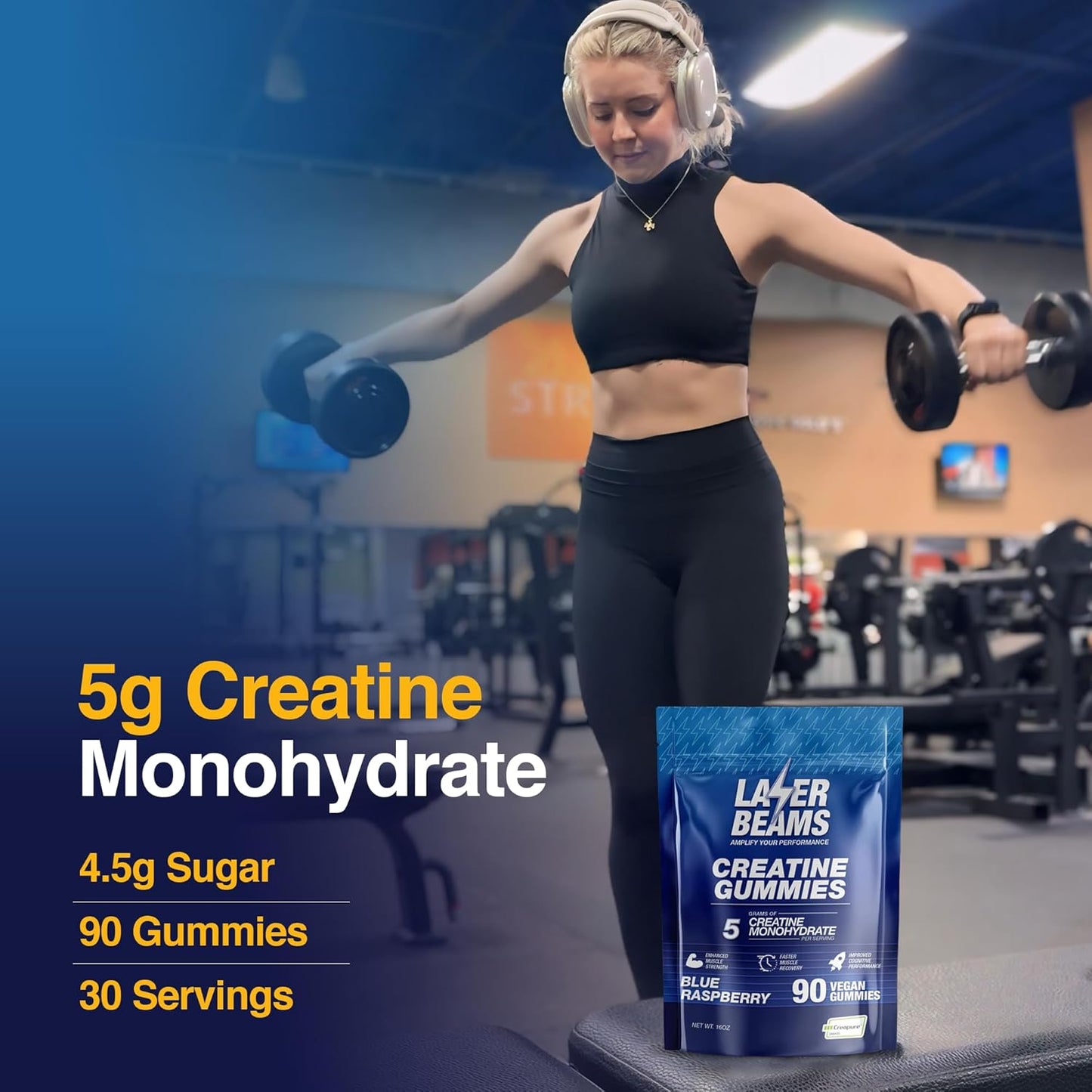 Vegan Blue Raspberry Laser Beams Creatine Gummies - 5g Creapure Creatine - Muscle Strength & Mental Focus - 90 Gummies