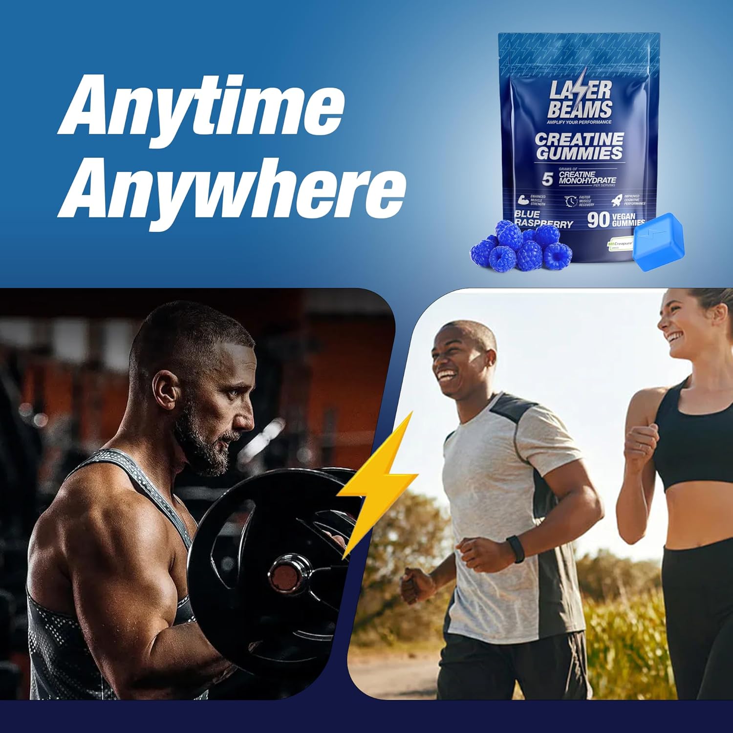 Vegan Blue Raspberry Laser Beams Creatine Gummies - 5g Creapure Creatine - Muscle Strength & Mental Focus - 90 Gummies