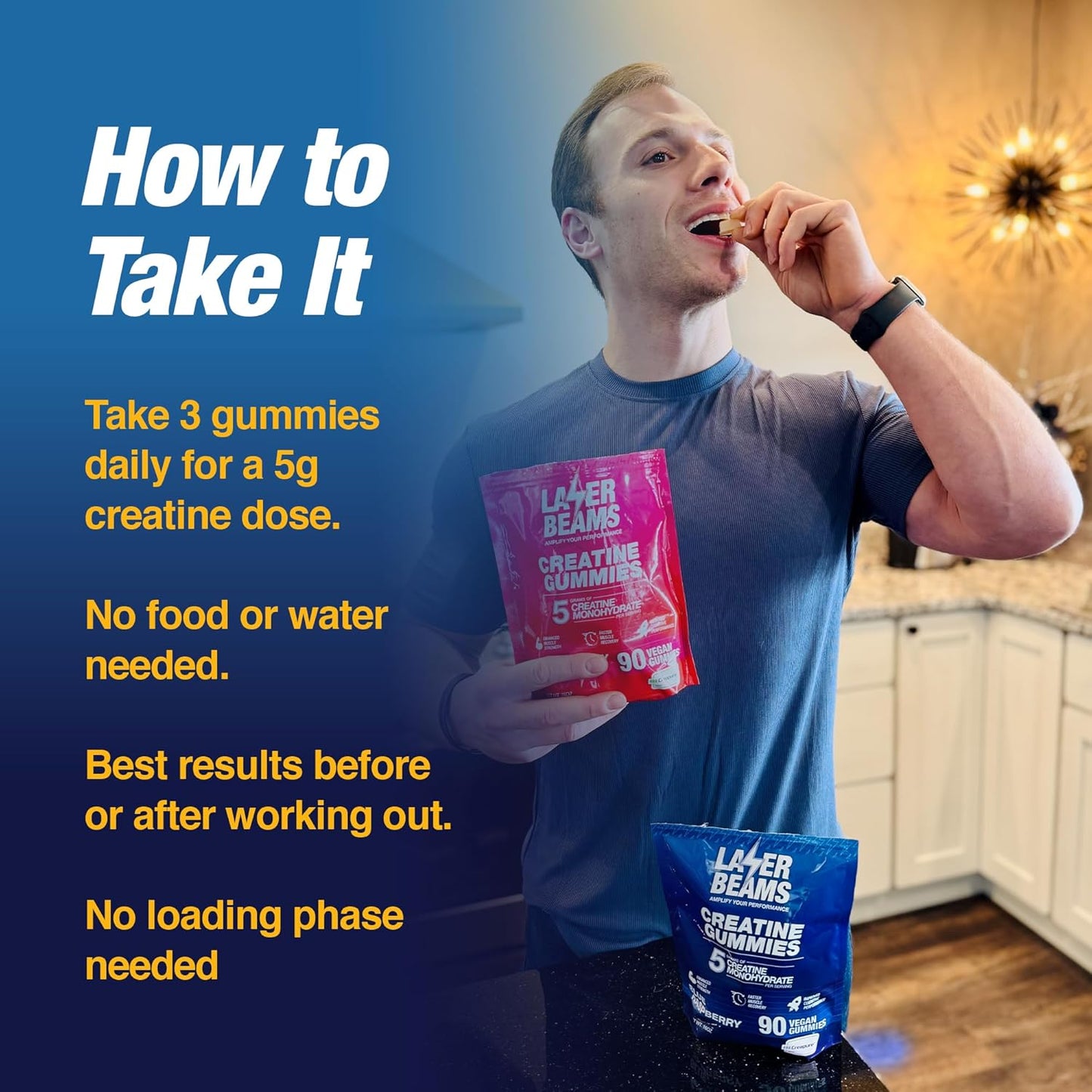 Vegan Blue Raspberry Laser Beams Creatine Gummies - 5g Creapure Creatine - Muscle Strength & Mental Focus - 90 Gummies