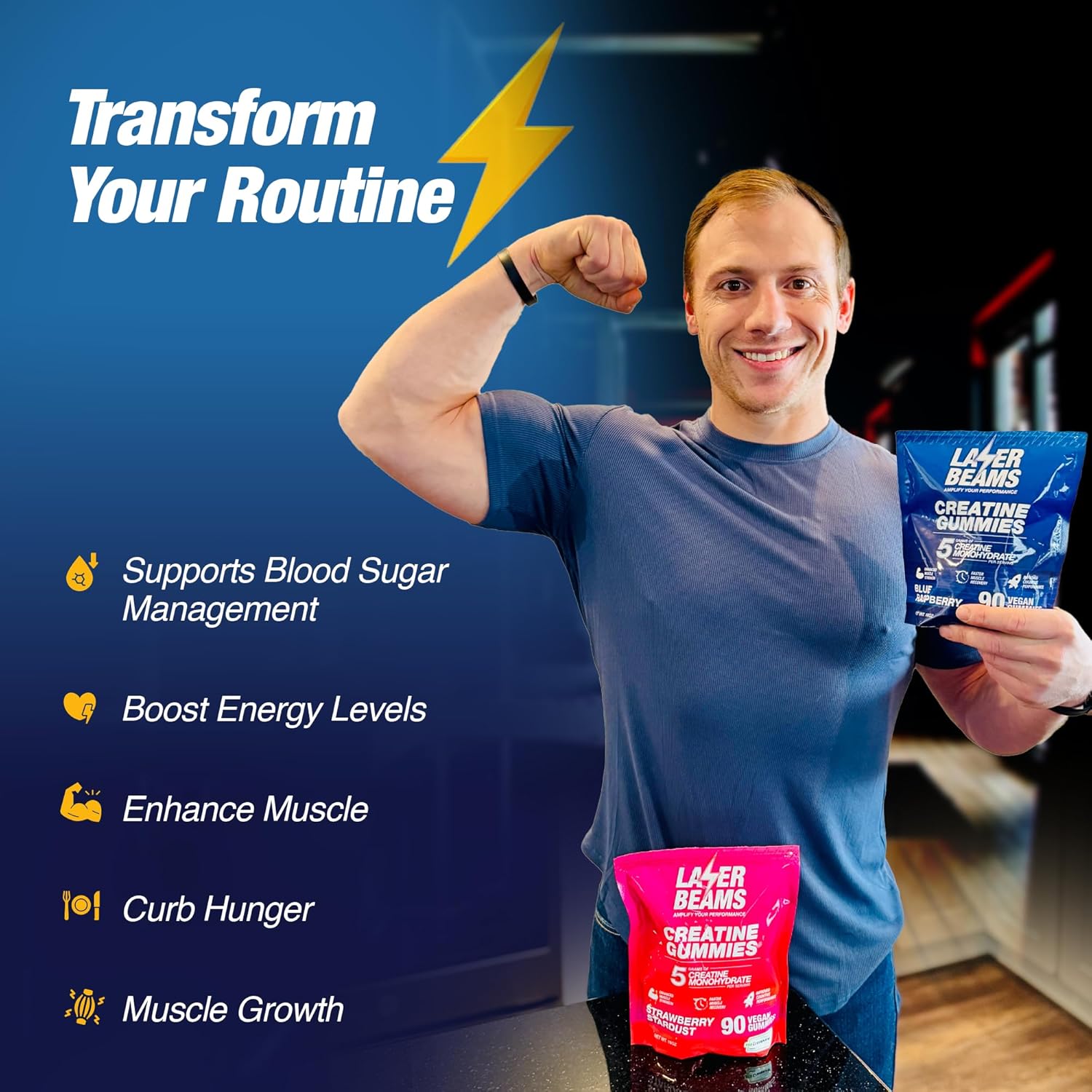 Vegan Blue Raspberry Laser Beams Creatine Gummies - 5g Creapure Creatine - Muscle Strength & Mental Focus - 90 Gummies