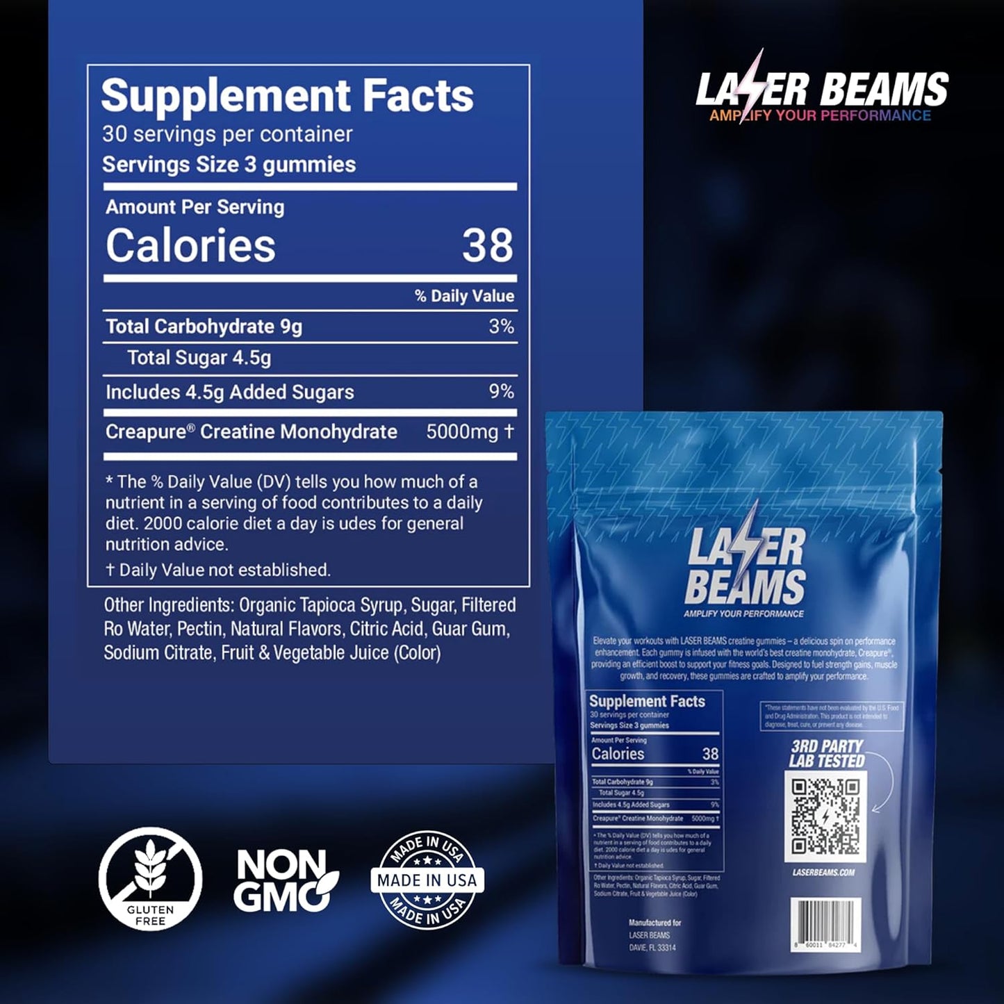 Vegan Blue Raspberry Laser Beams Creatine Gummies - 5g Creapure Creatine - Muscle Strength & Mental Focus - 90 Gummies