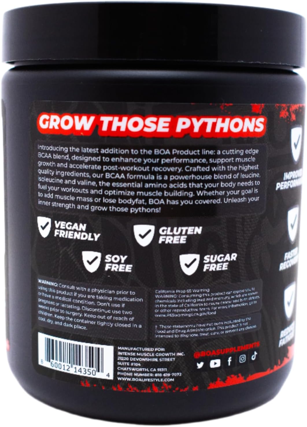 Vegan BOA Snakebite BCAA 2:1:1 Amino Acids Powder - Pineapple Flavor, 30 Servings, Gluten & Sugar Free for Improved Performance & Recovery