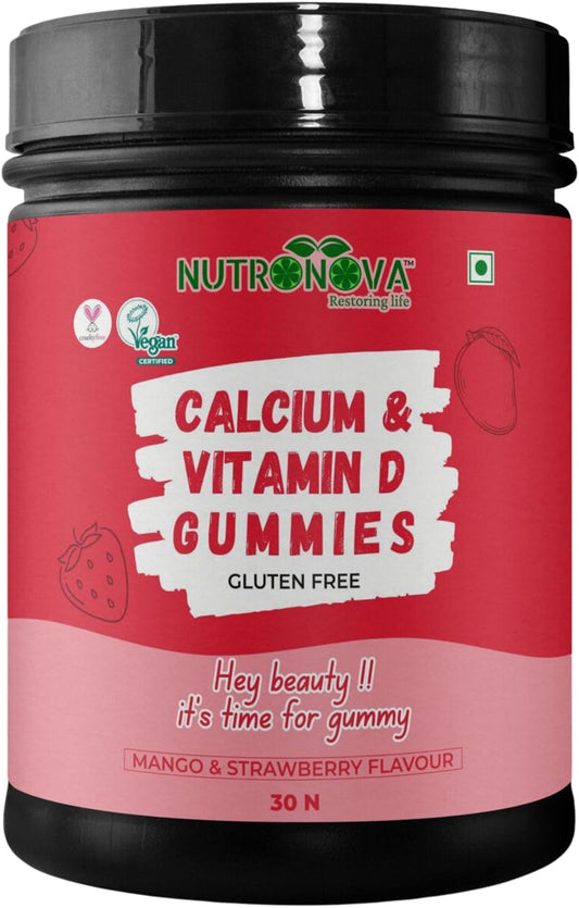 Vegan Calcium & Vitamin D Gummies for Women - Mango & Strawberry Flavour (30 Chewables) - Fortified with Vitamin D and Calcium for Strong Bones and Teeth