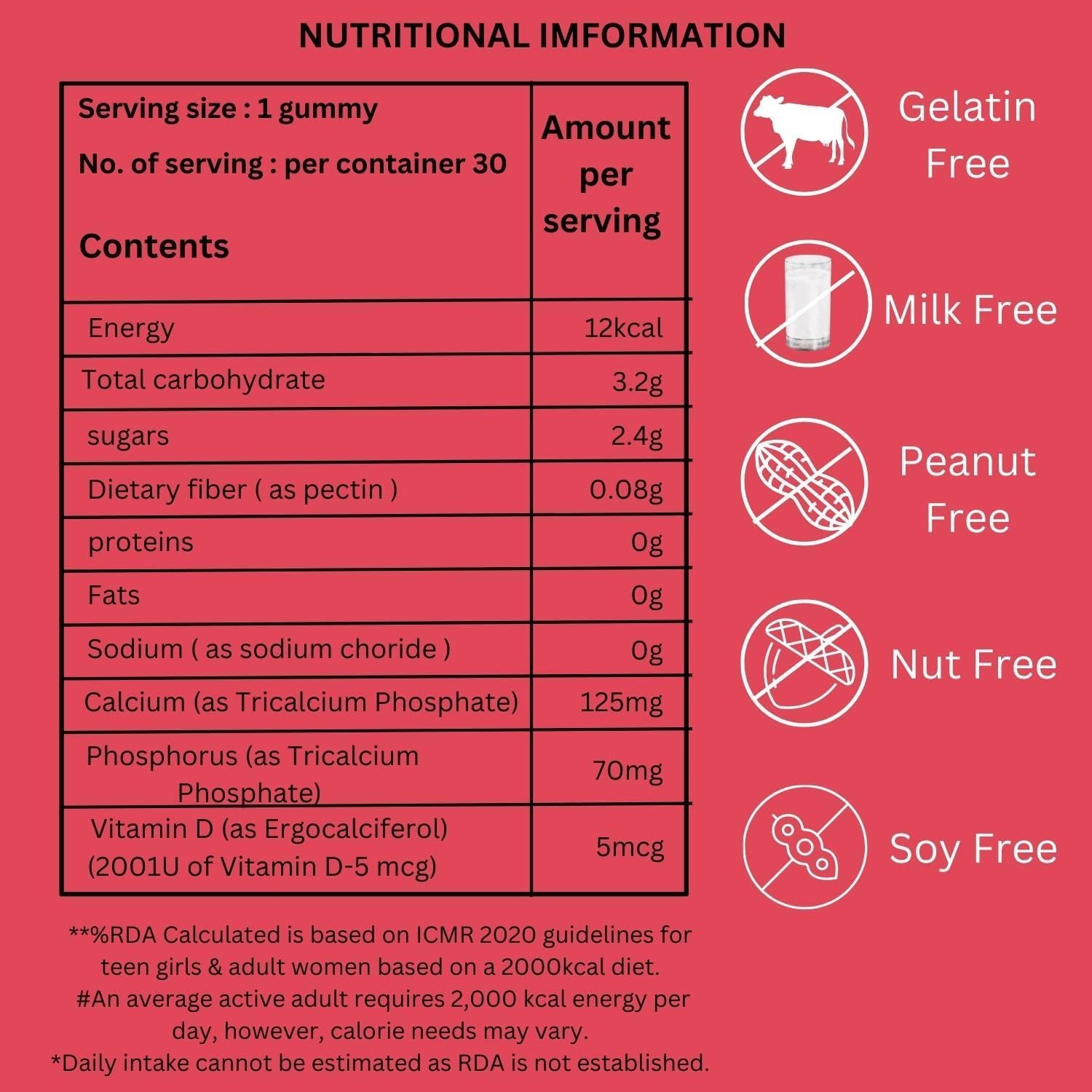 Vegan Calcium & Vitamin D Gummies for Women - Mango & Strawberry Flavour (30 Chewables) - Fortified with Vitamin D and Calcium for Strong Bones and Teeth