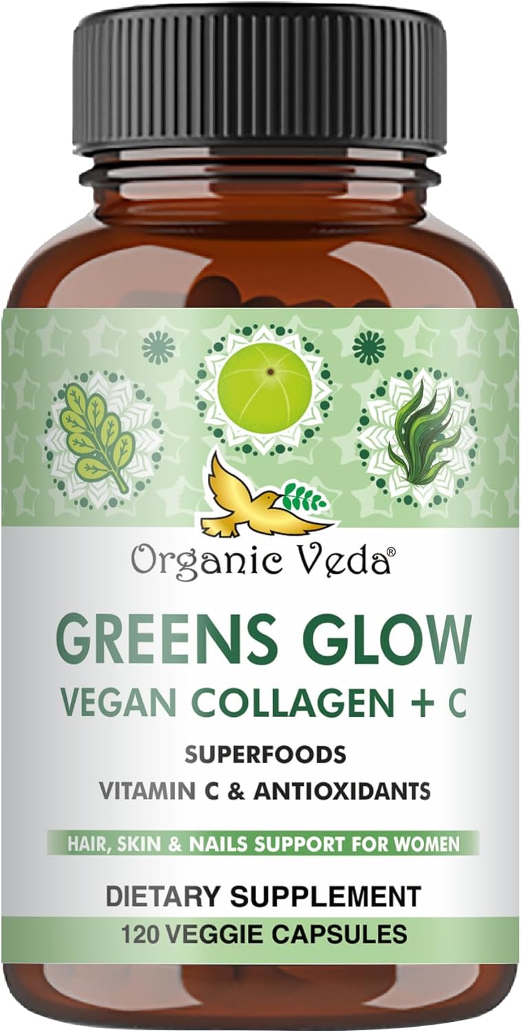 Vegan Collagen Capsules with Biotin for Hair, Skin & Nails - Organic Veda Greens Glow Superfoods Supplement with Vitamin C, E, Hyaluronic Acid, and Moringa - 120 Capsules