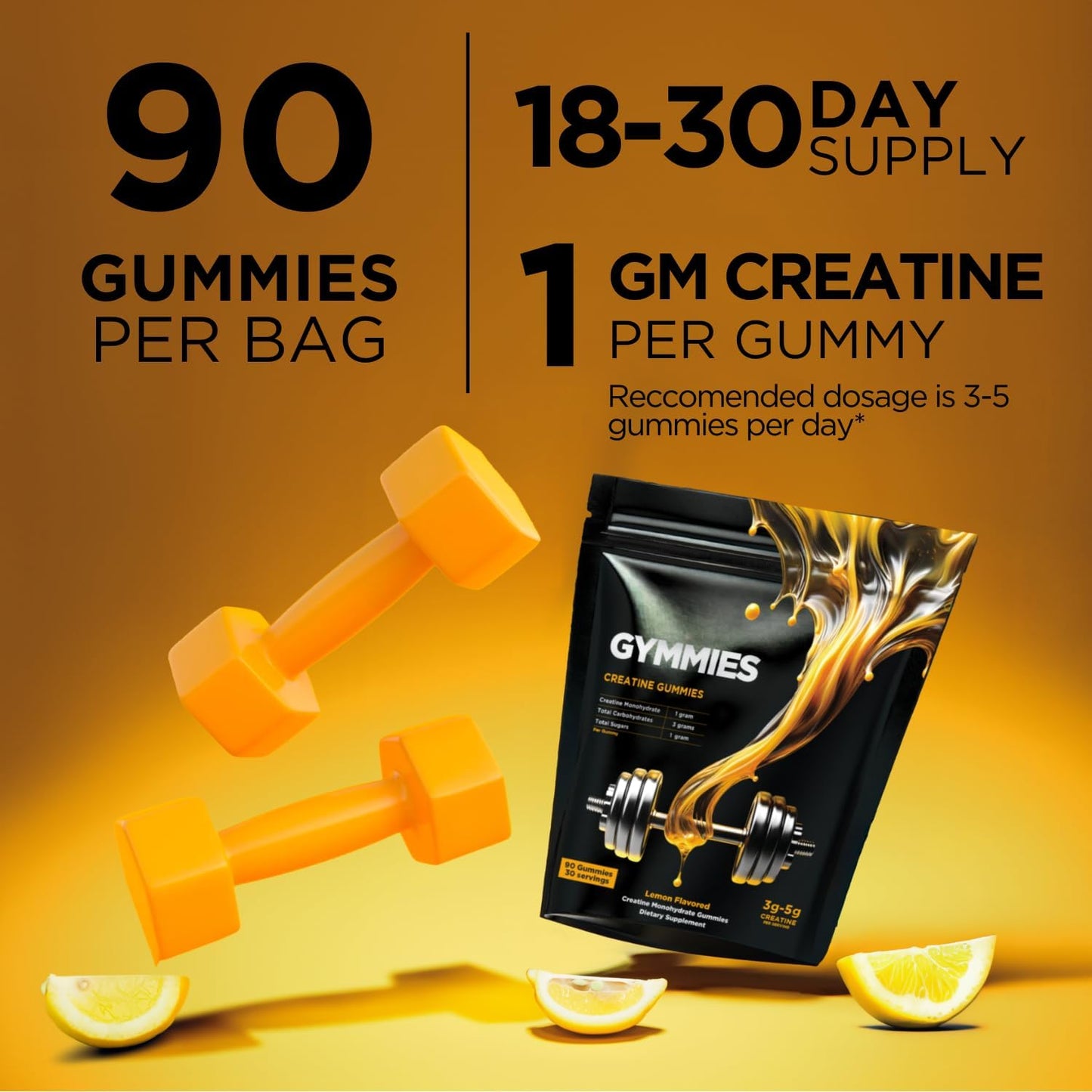 Vegan Creatine Monohydrate Gummies for Muscle Growth & Performance - 5g Creatine - Non-GMO, Gluten-Free - 90ct Lemon Gummies