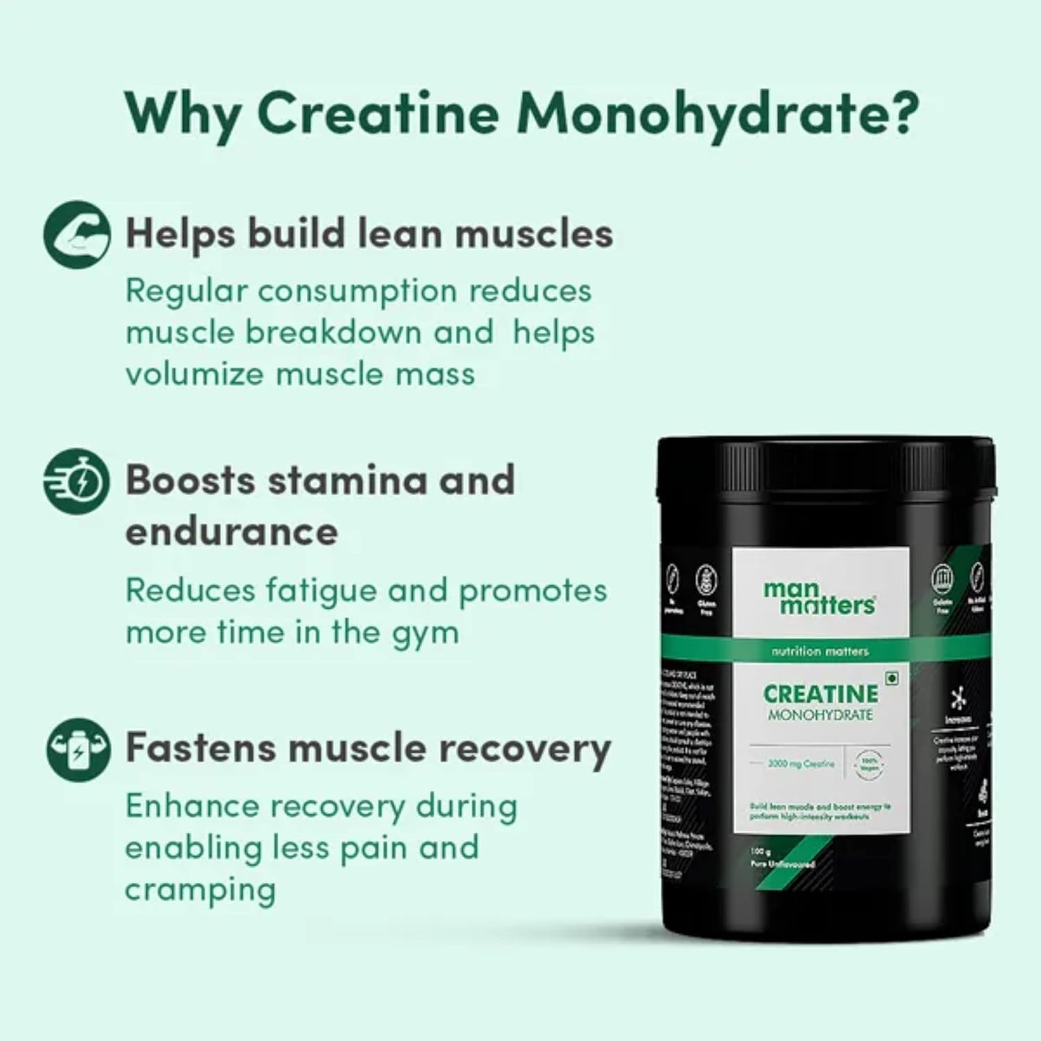 Vegan Creatine Monohydrate Powder for Energy, Muscle Repair, and Lean Muscle Mass - 33 Servings, 100g
