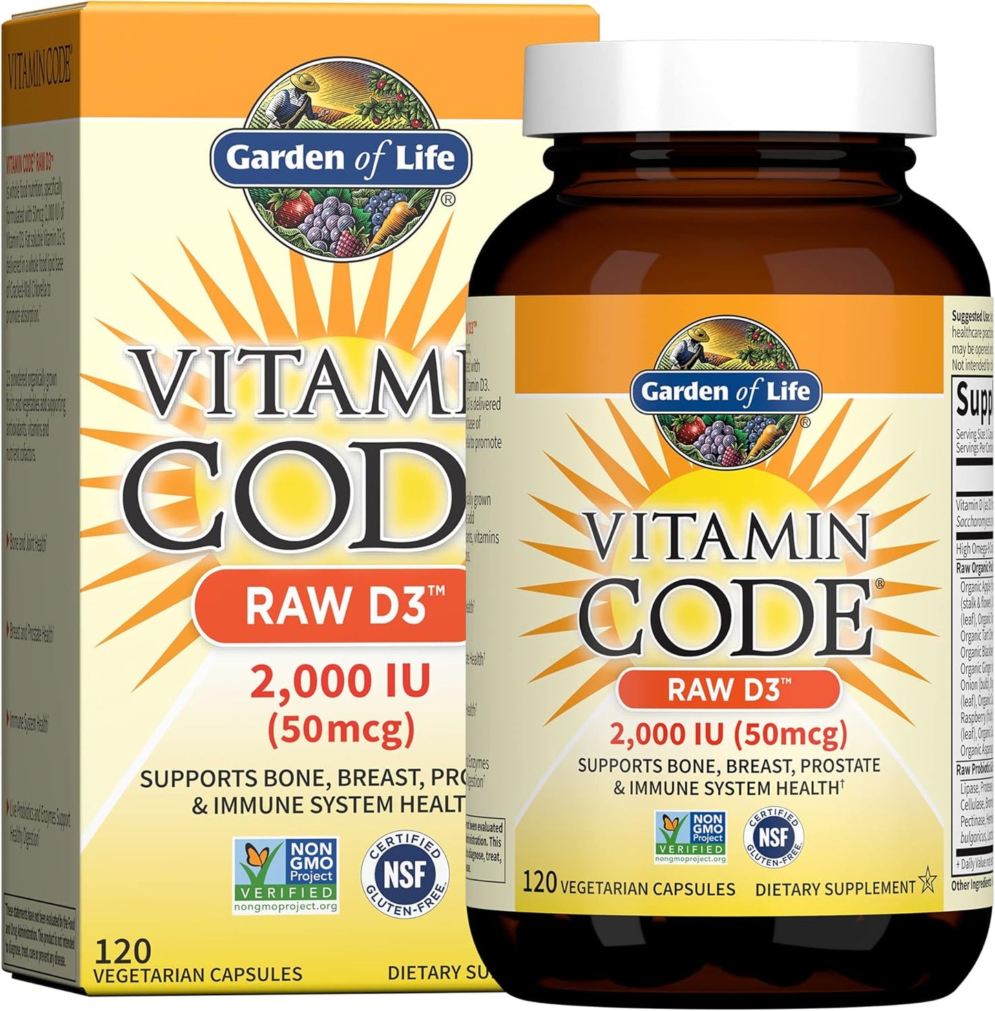 Vegan D3 Vitamin Supplement with K2 and K1 for Bone Strength - Garden of Life Vitamin Code, Whole Food Raw Formula, 2000 IU