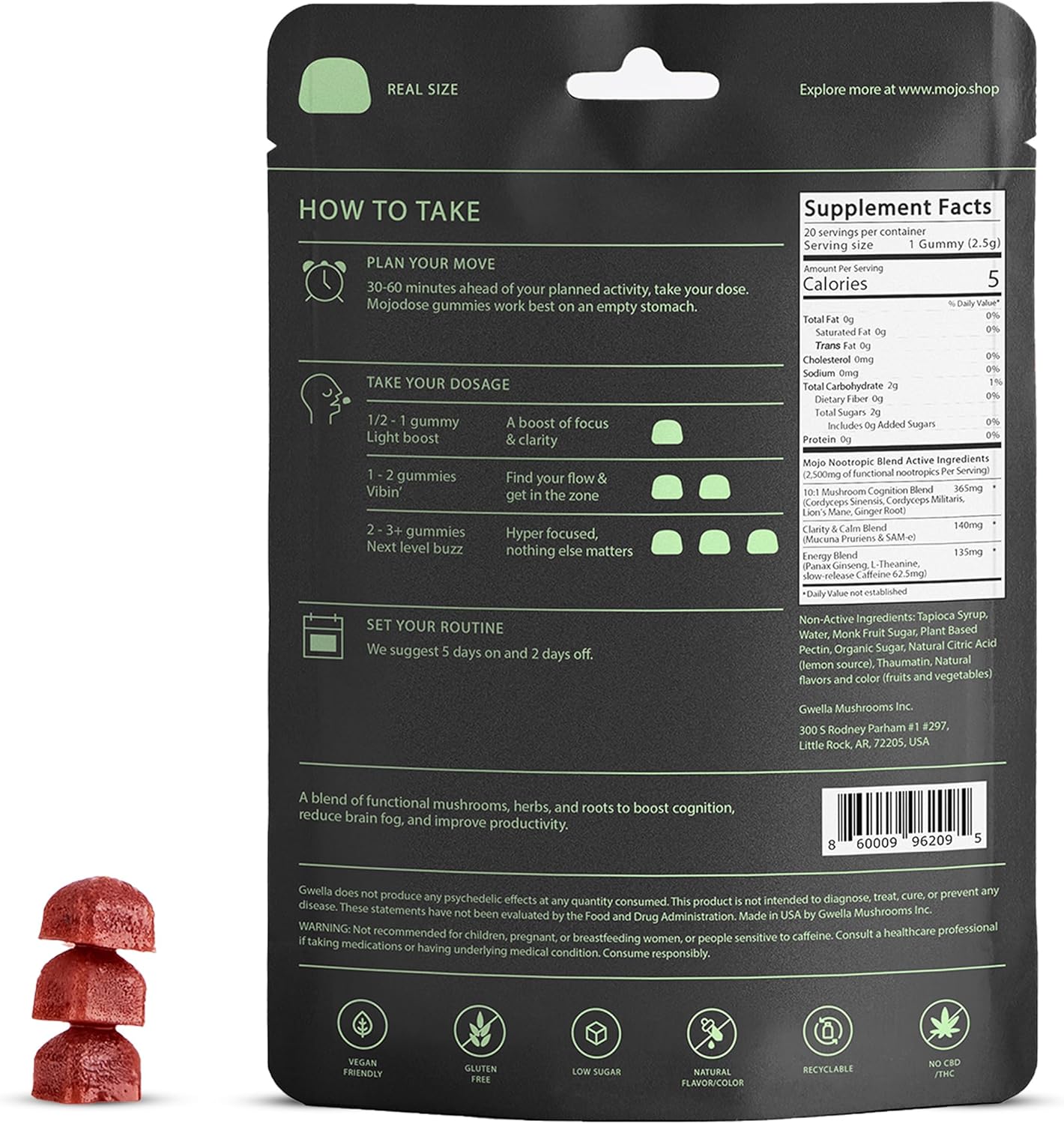 Vegan Energy and Focus Supplement Gummies with Lion’s Mane, Panax Ginseng, Ginger Root, Cordyceps, SAM-e, Nootropics - Strawberry Tangerine (20 Count)