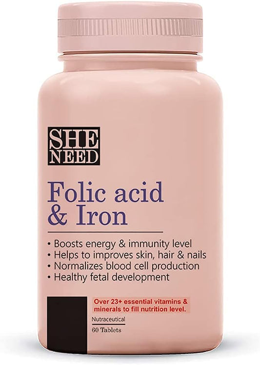 Vegan Folic Acid & Iron Supplements - Pregnancy Support, Hair Fall Reduction - 60 Tablets