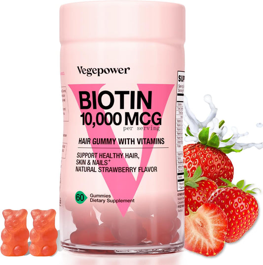 Vegan Hair Growth Gummies with Biotin 10,000mcg - Hair, Skin & Nails Vitamins with B-Complex, Vitamin D, A, & Zinc for Women Men - Strawberry Flavored Hair Supplement (60 Count)