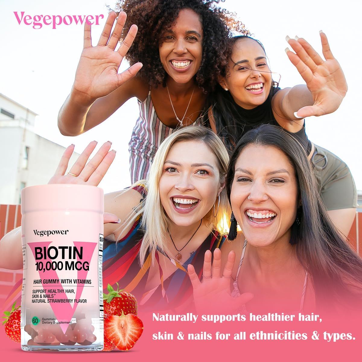 Vegan Hair Growth Gummies with Biotin 10,000mcg - Hair, Skin & Nails Vitamins with B-Complex, Vitamin D, A, & Zinc for Women Men - Strawberry Flavored Hair Supplement (60 Count)