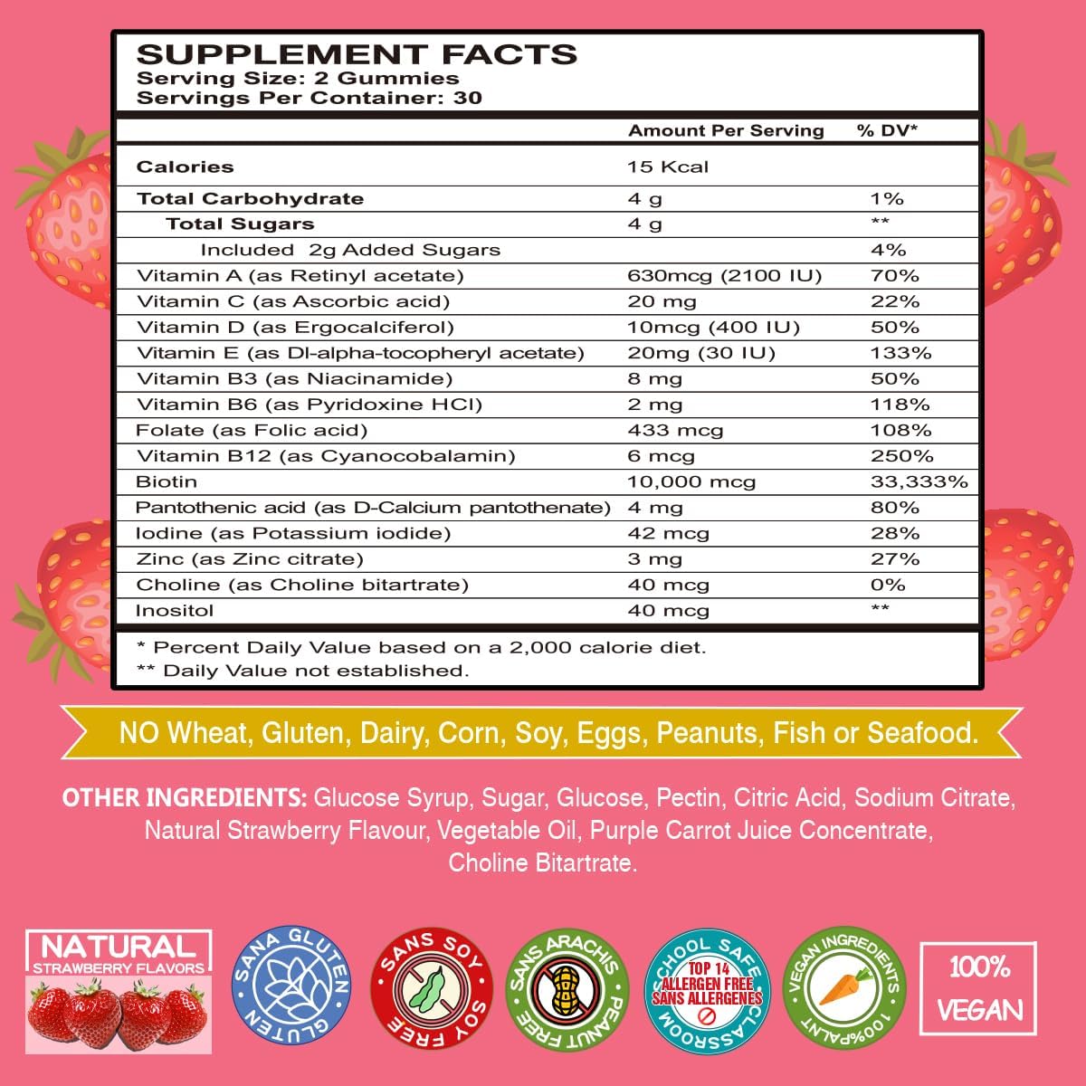 Vegan Hair Growth Gummies with Biotin 10,000mcg - Hair, Skin & Nails Vitamins with B-Complex, Vitamin D, A, & Zinc for Women Men - Strawberry Flavored Hair Supplement (60 Count)