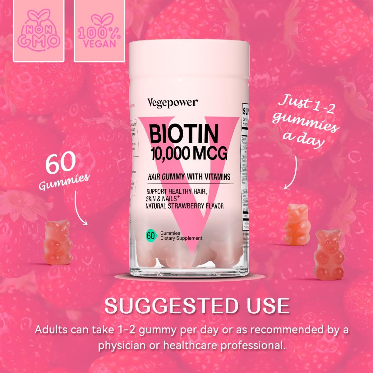 Vegan Hair Growth Gummies with Biotin 10,000mcg - Hair, Skin & Nails Vitamins with B-Complex, Vitamin D, A, & Zinc for Women Men - Strawberry Flavored Hair Supplement (60 Count)
