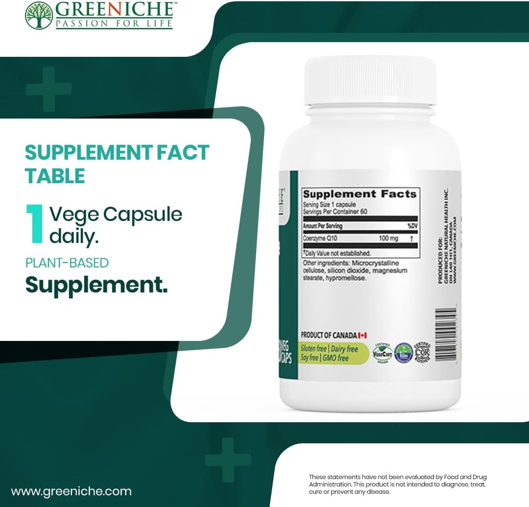 Vegan High Absorption Coenzyme Q10 Capsules - Greeniche CoQ10, 60 Count, Gluten-Free