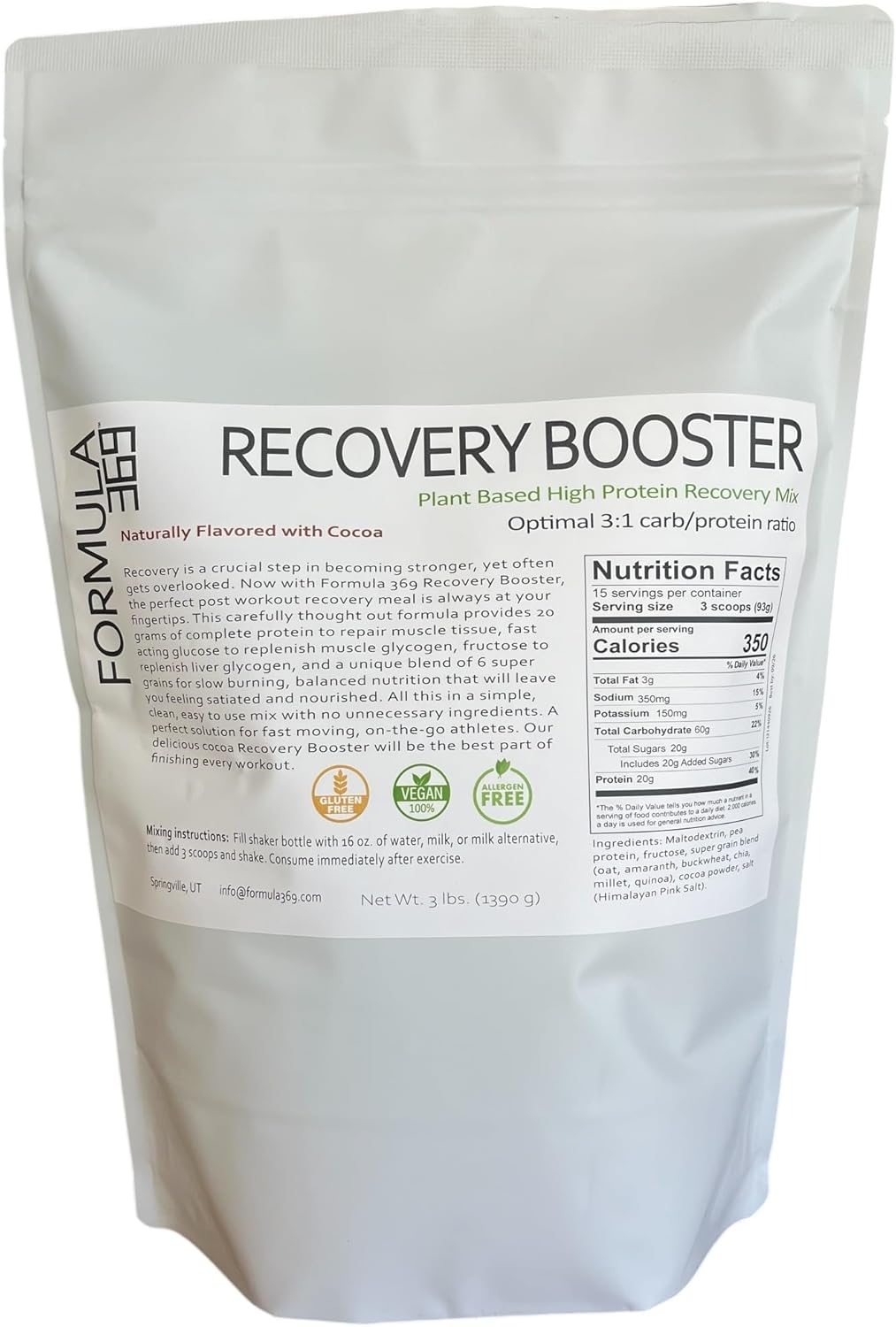 Vegan High Protein Recovery Shake with 20g Protein and 60g Carbs, 100% Natural, Gluten Free Formula 369 Recovery Booster - 3 pounds